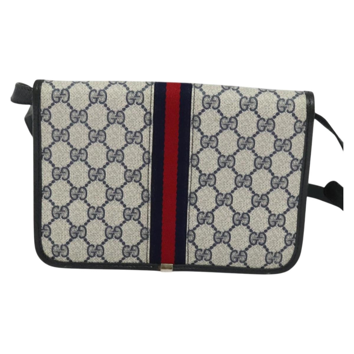 GUCCI GG Supreme Sherry Line Shoulder Bag PVC Navy Gold Auth bs26615