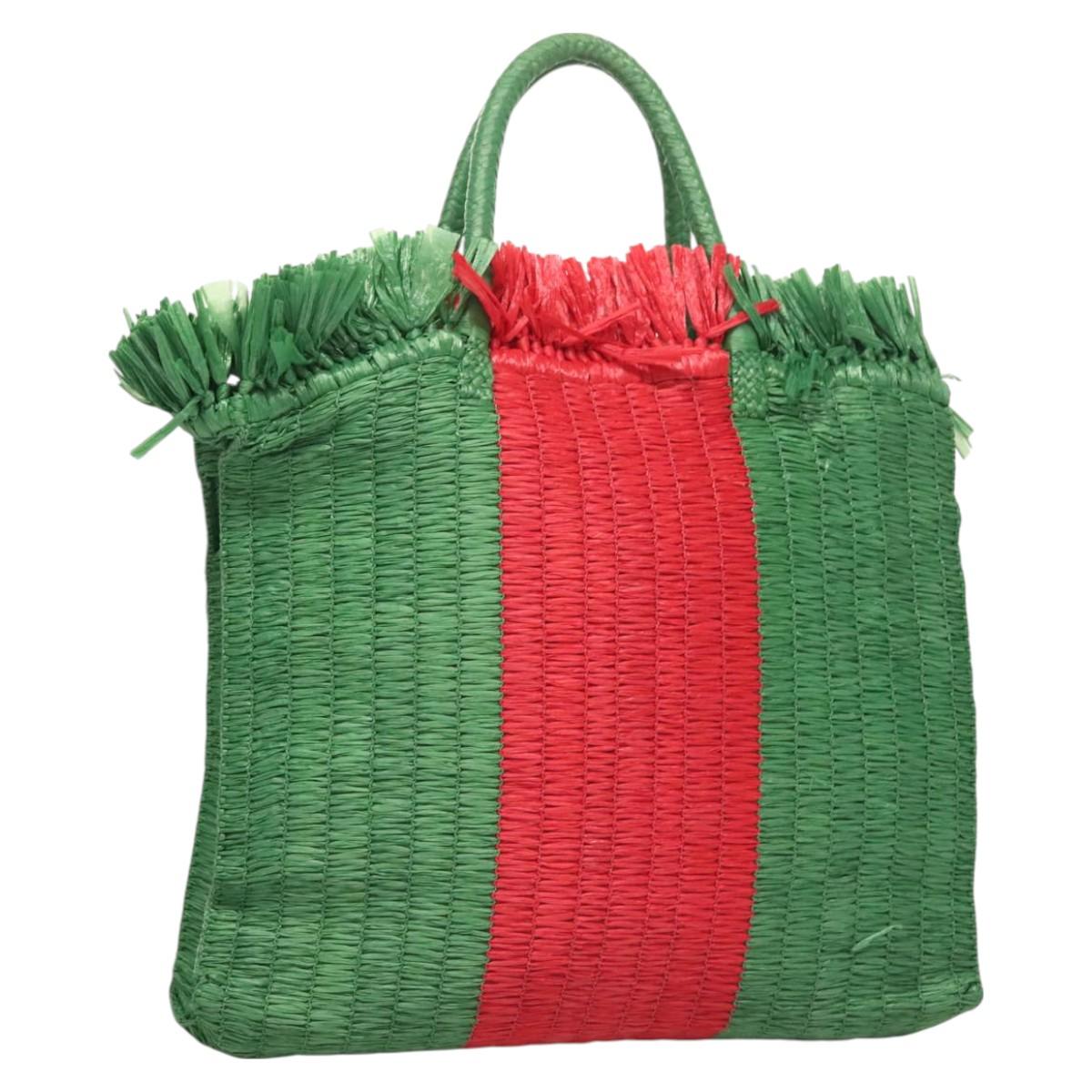 GUCCI Hand Bag Straw Green Red 524810 Auth bs26626