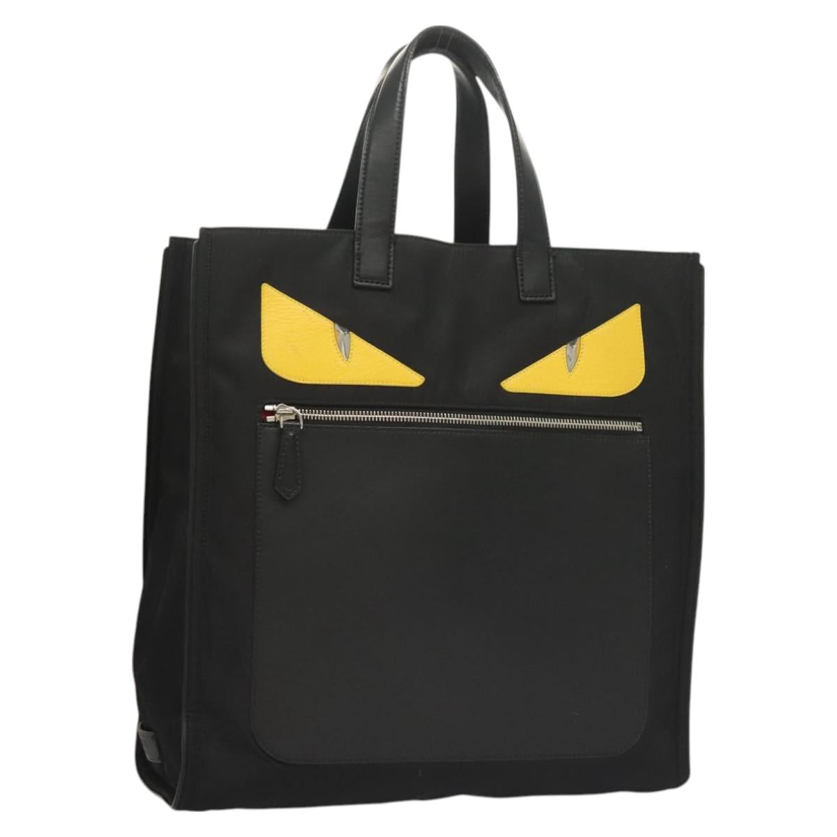 FENDI Monster Bugs Tote Bag Nylon Leather Black Yellow Silver Auth bs26641