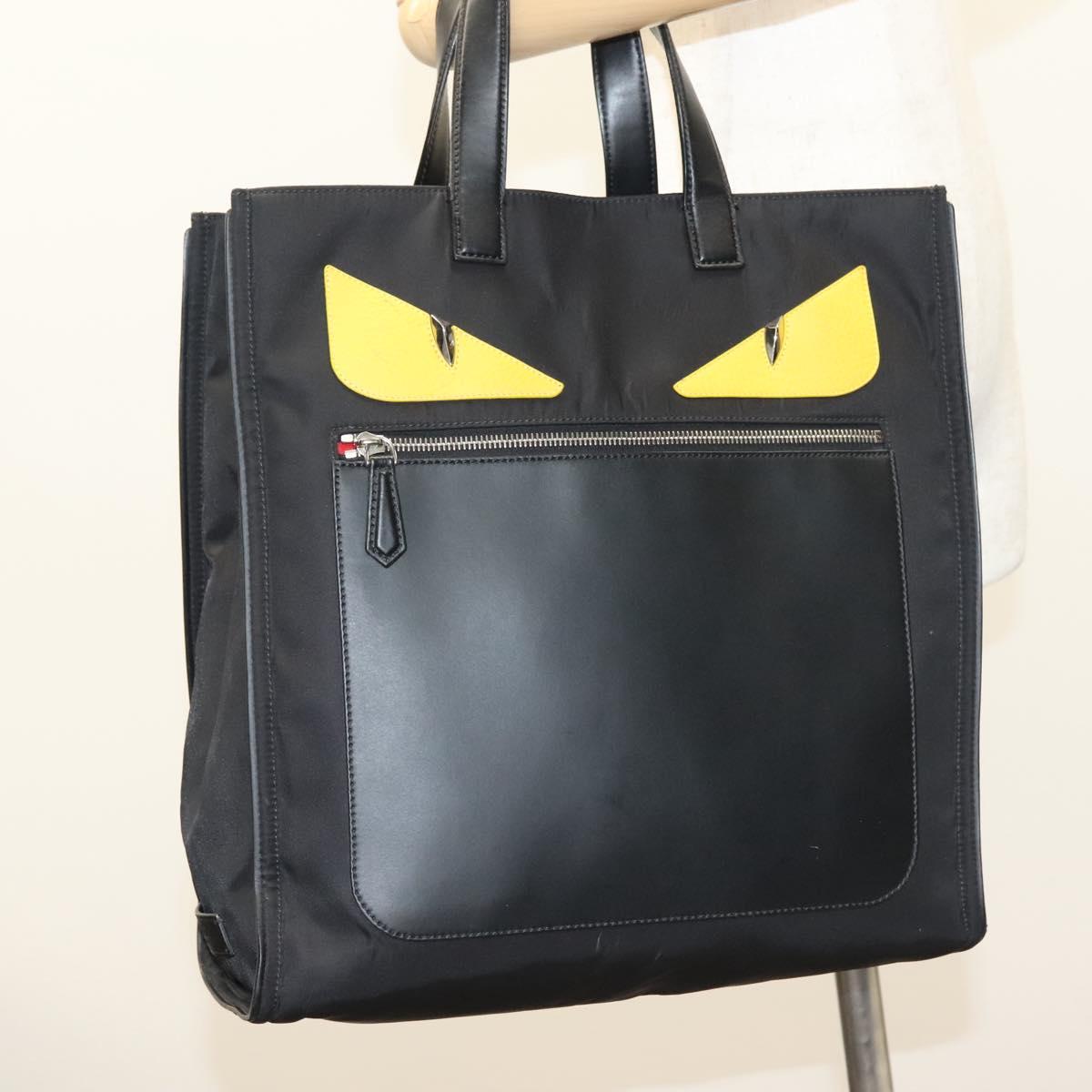 FENDI Monster Bugs Tote Bag Nylon Leather Black Yellow Silver Auth bs26641