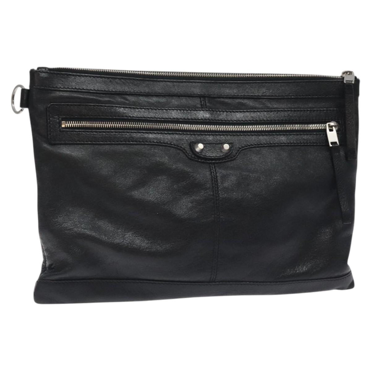 BALENCIAGA Clip L Clutch Bag Leather Black Silver 273023 Auth bs26675