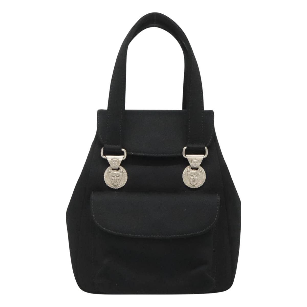 VERSACE Hand Bag Satin Black Silver Auth bs26706