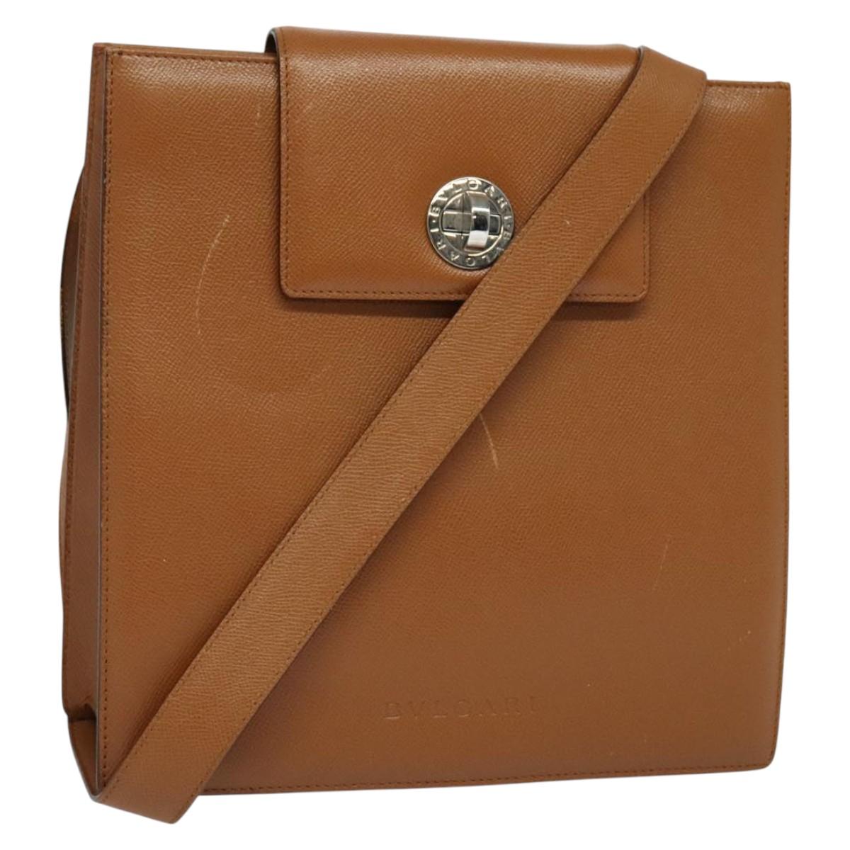 BVLGARI Shoulder Bag Leather Brown Silver Auth bs26717