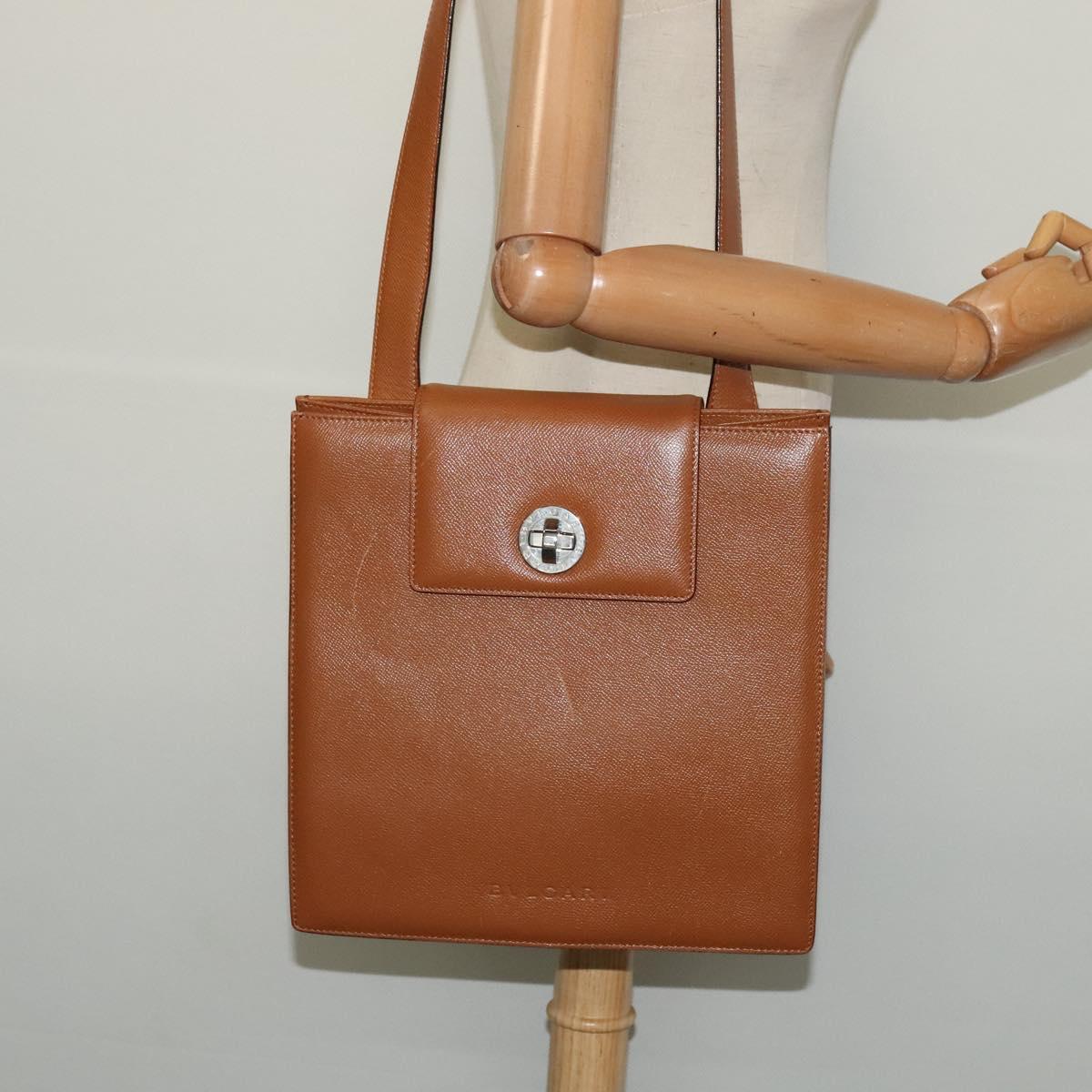 BVLGARI Shoulder Bag Leather Brown Silver Auth bs26717