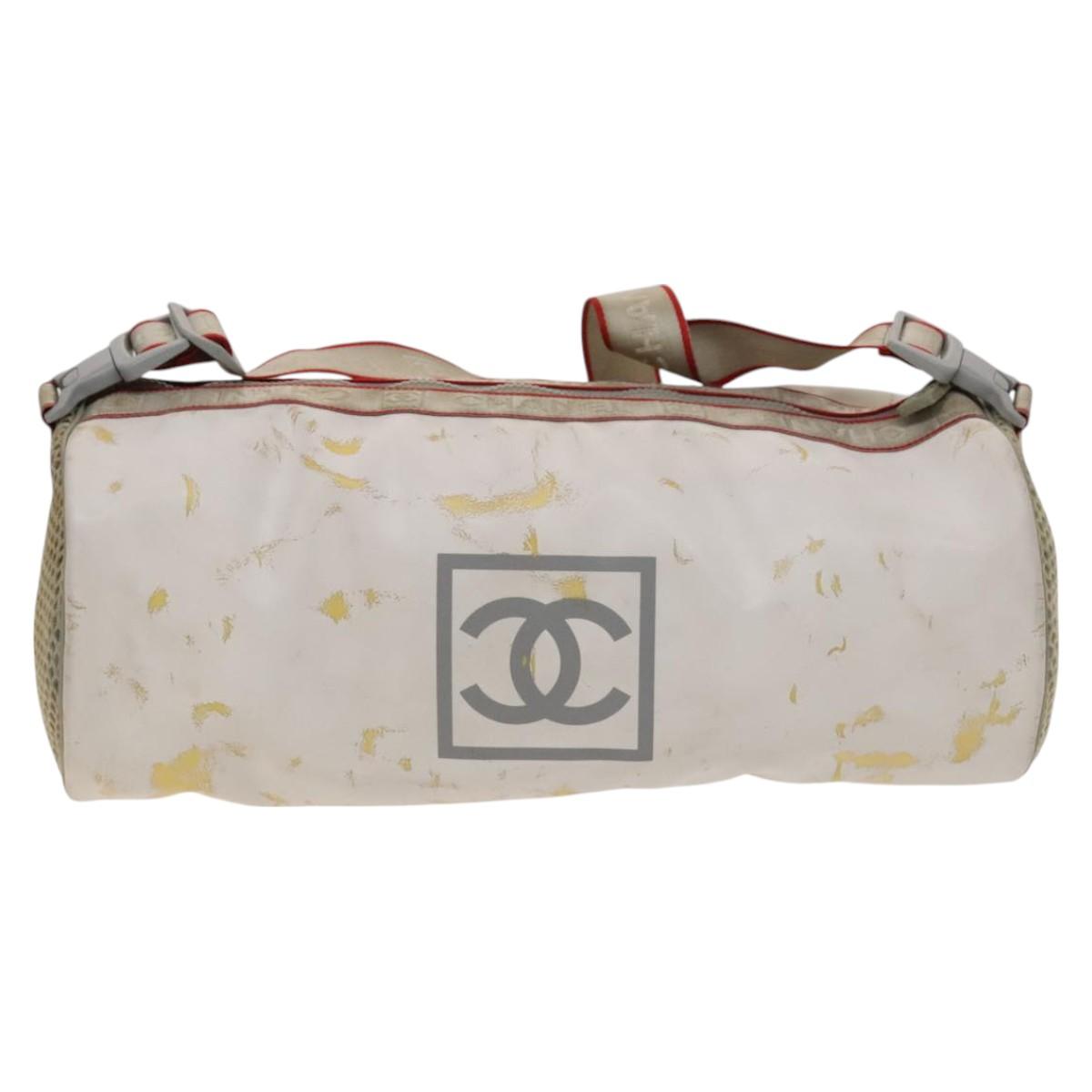 CHANEL Sports Shoulder Drum Bag Rubber Nylon White Gray CC Auth bs26735