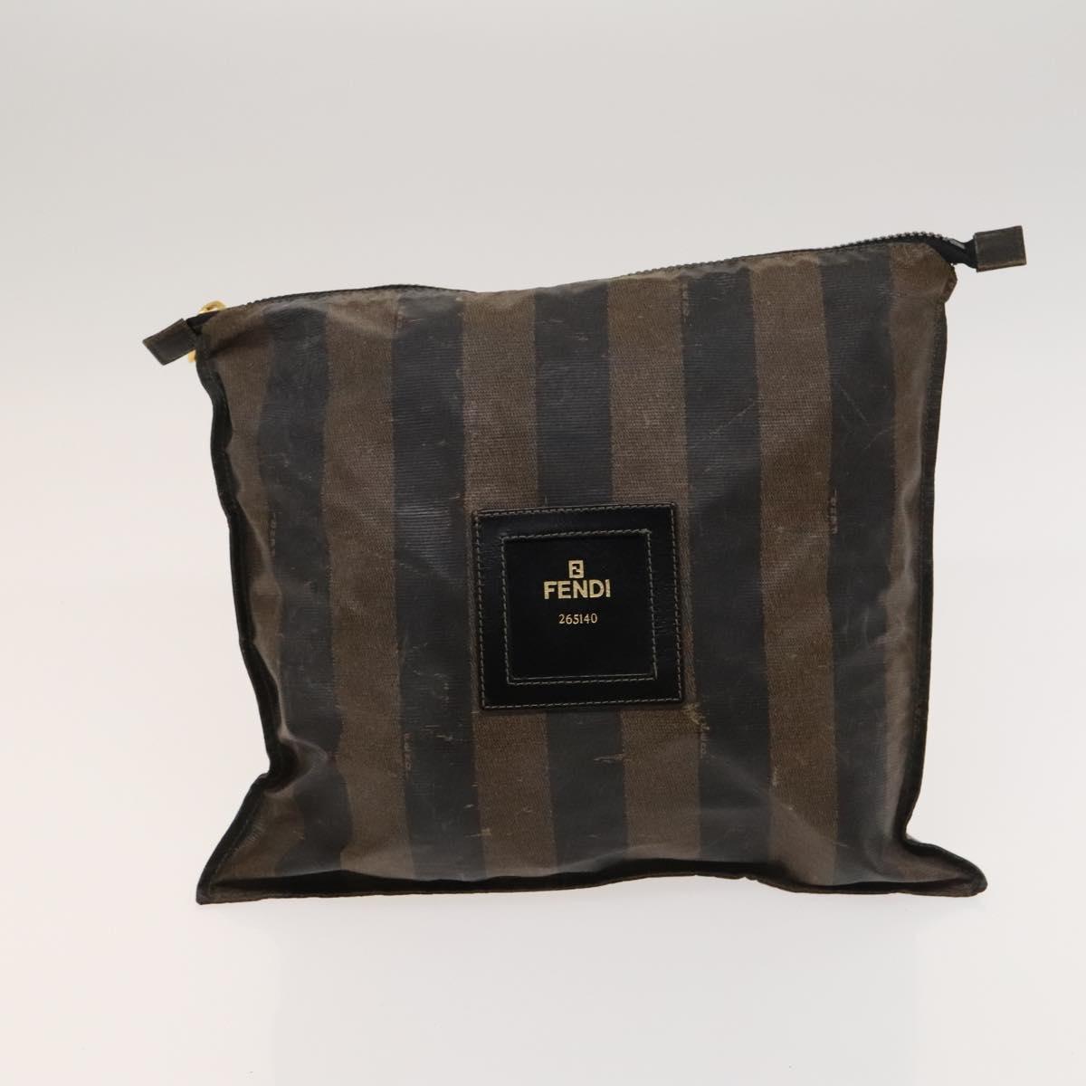 FENDI Pecan Canvas Hand Bag Leather 2Set Black Brown gold Auth bs26745