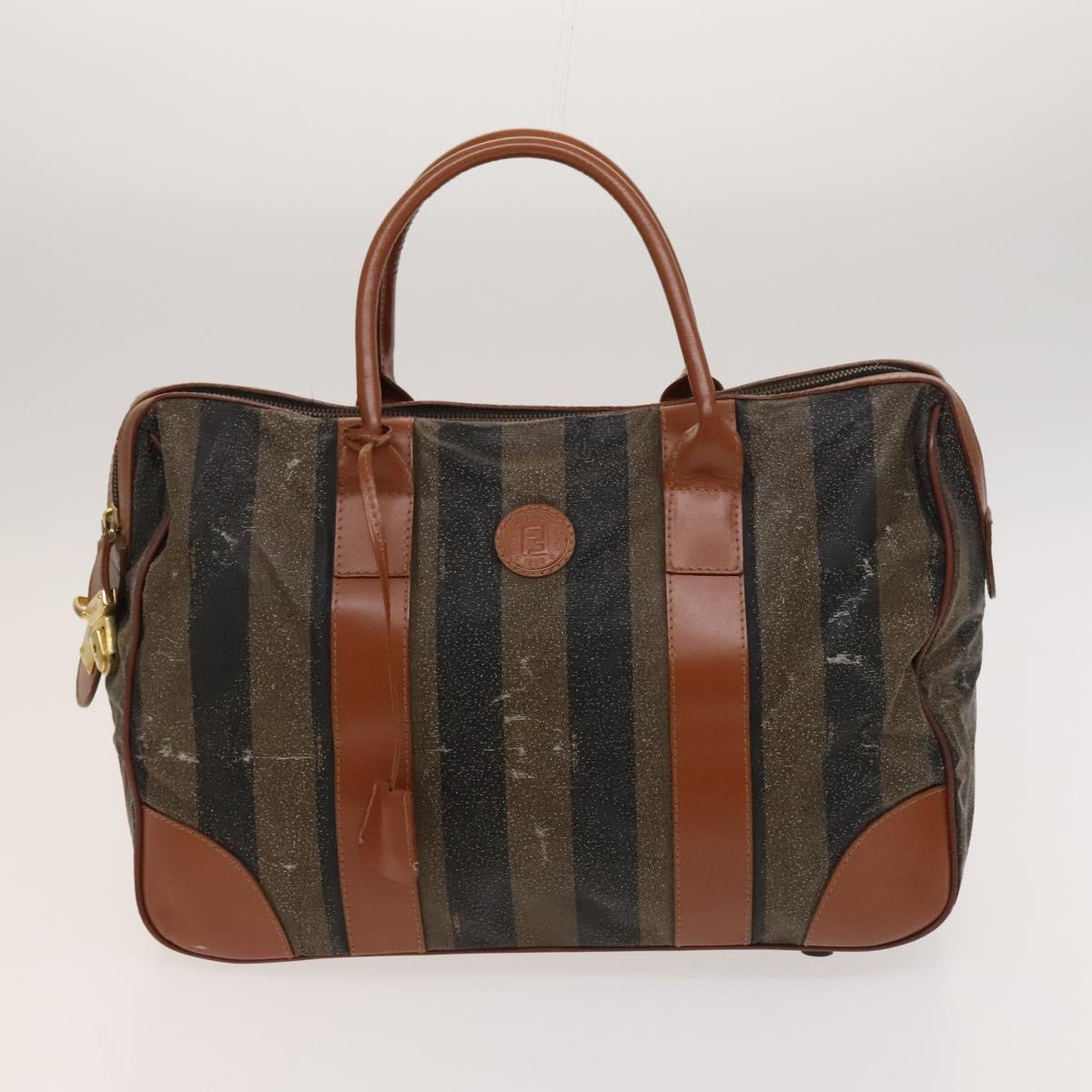 FENDI Pecan Canvas Hand Bag Leather 2Set Black Brown gold Auth bs26745