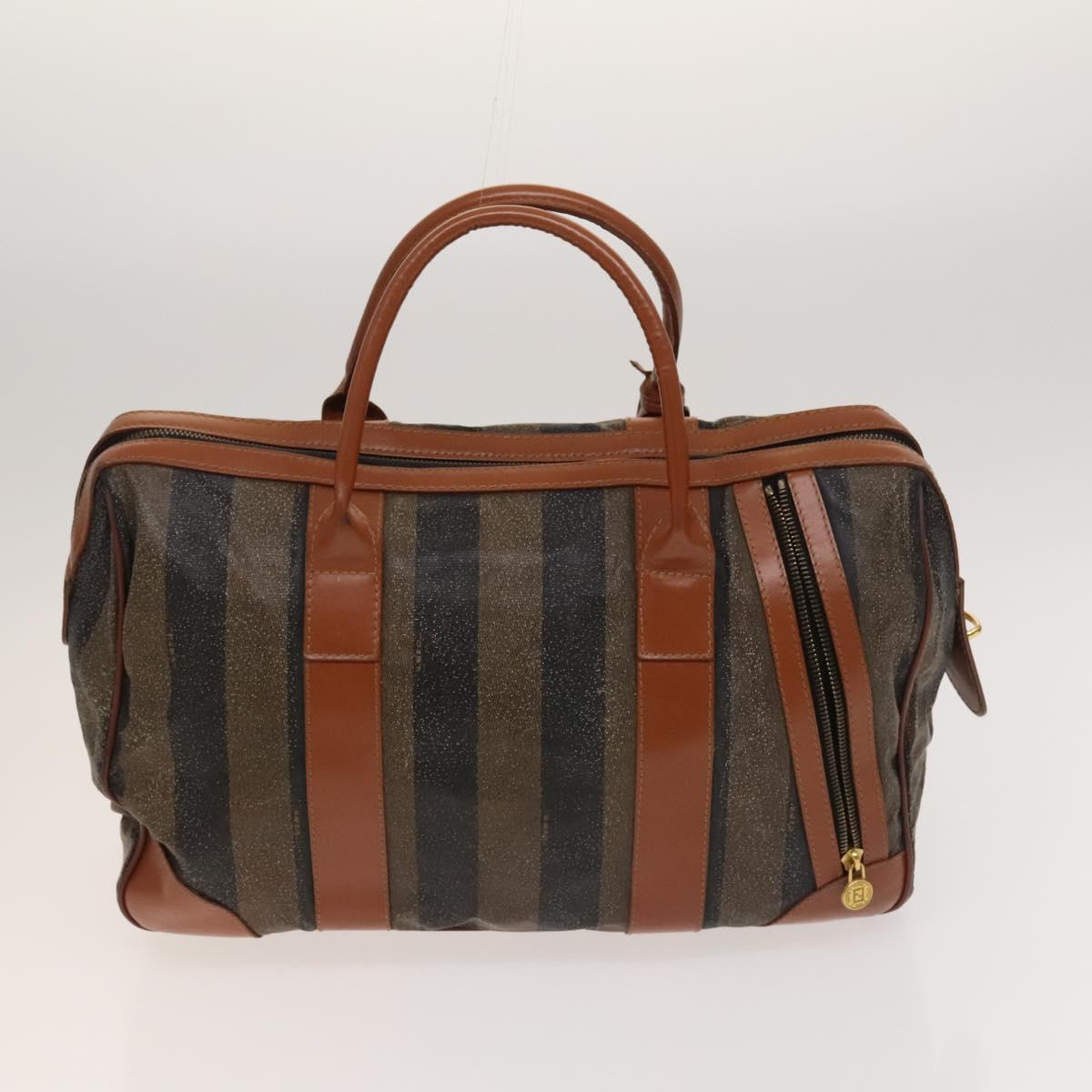 FENDI Pecan Canvas Hand Bag Leather 2Set Black Brown gold Auth bs26745