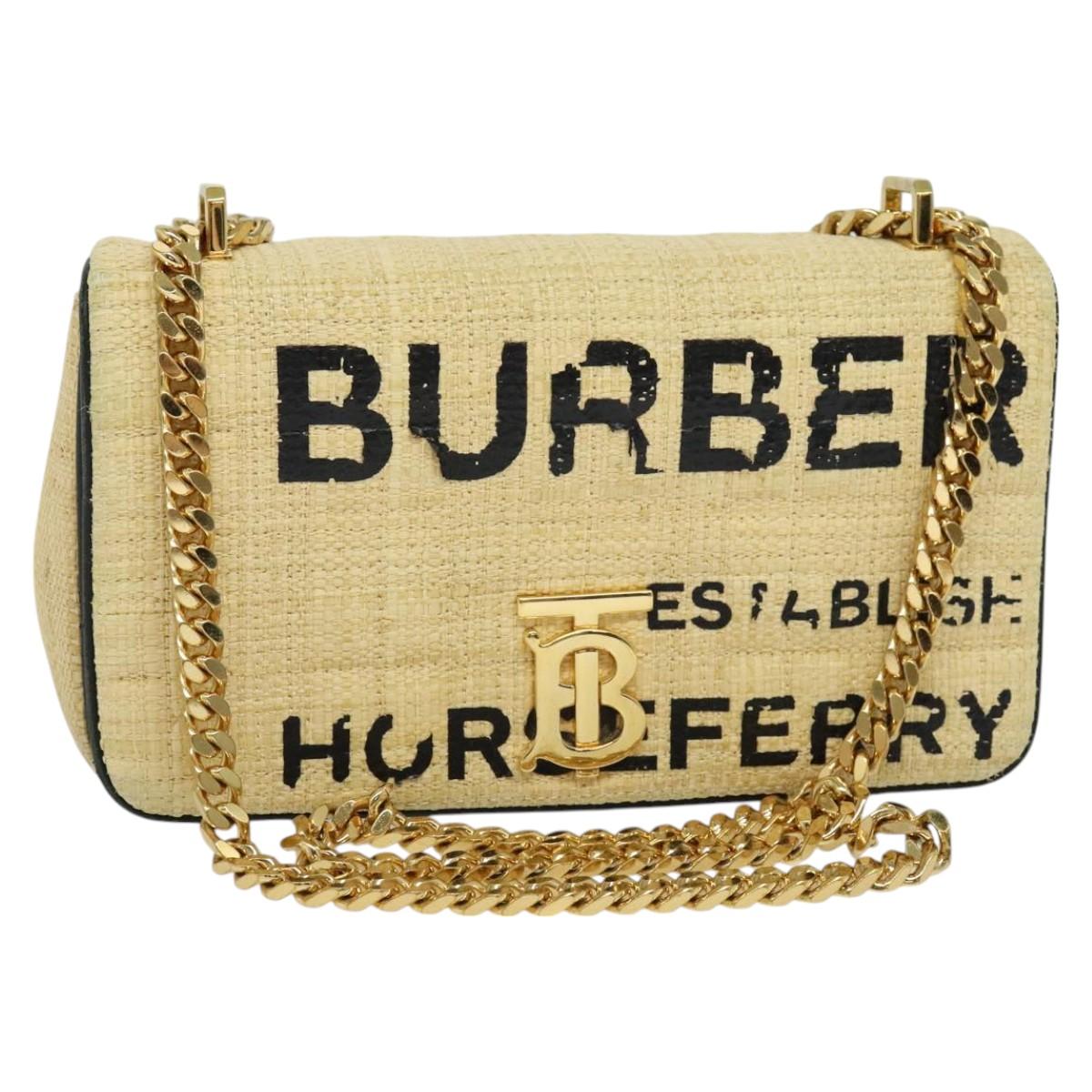 BURBERRY Horse Ferry Chain Shoulder Bag Raffia Beige Gold Auth bs26785