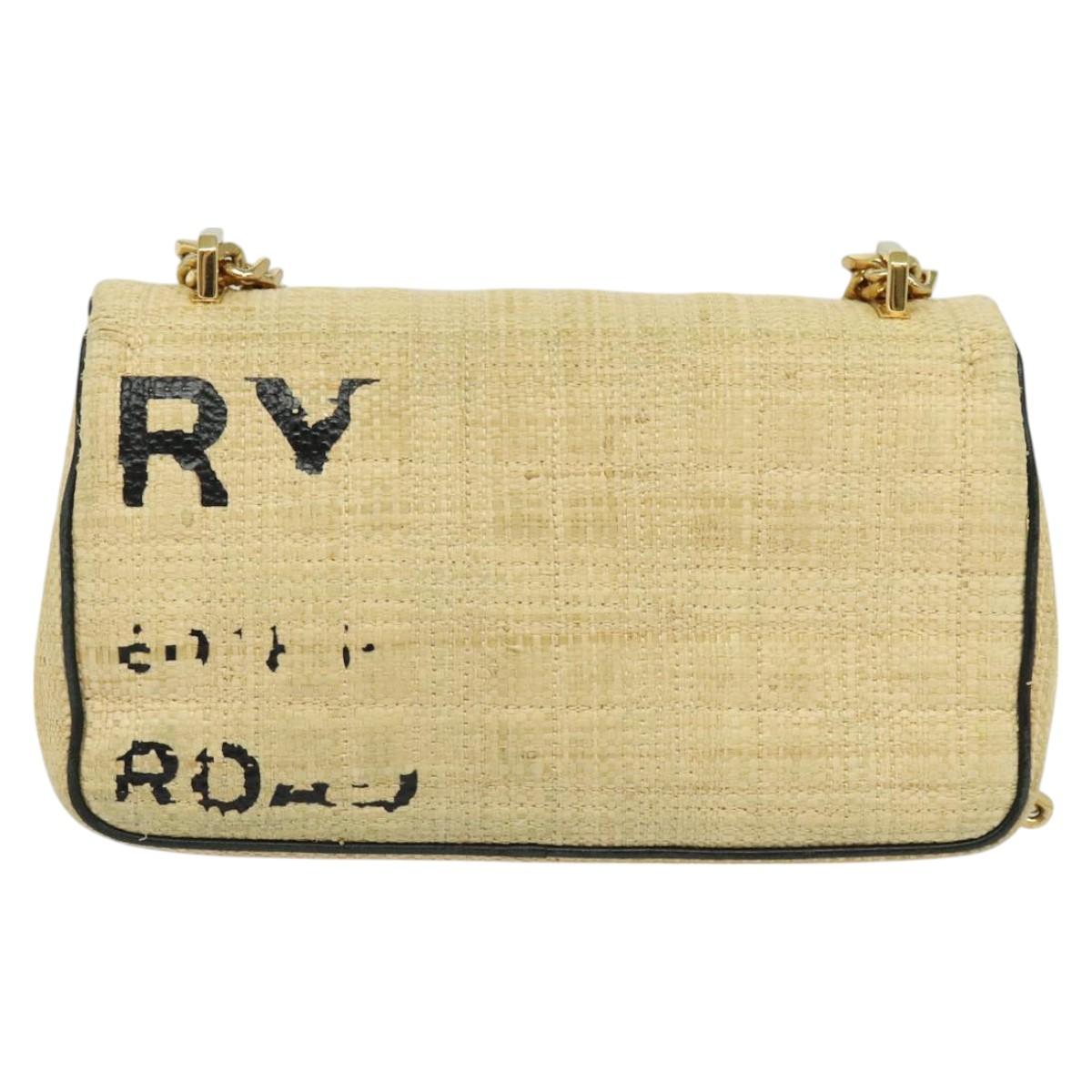 BURBERRY Horse Ferry Chain Shoulder Bag Raffia Beige Gold Auth bs26785