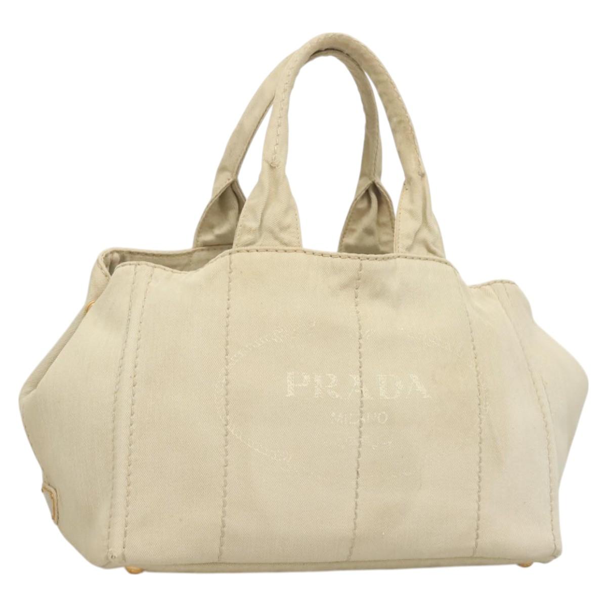 PRADA Canapa MM Hand Bag Canvas Beige Gold Auth bs26853