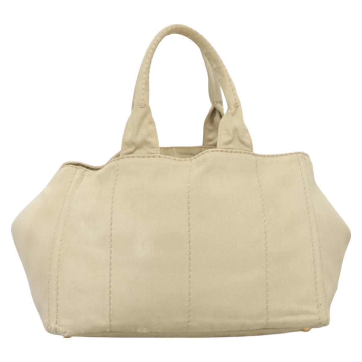 PRADA Canapa MM Hand Bag Canvas Beige Gold Auth bs26853
