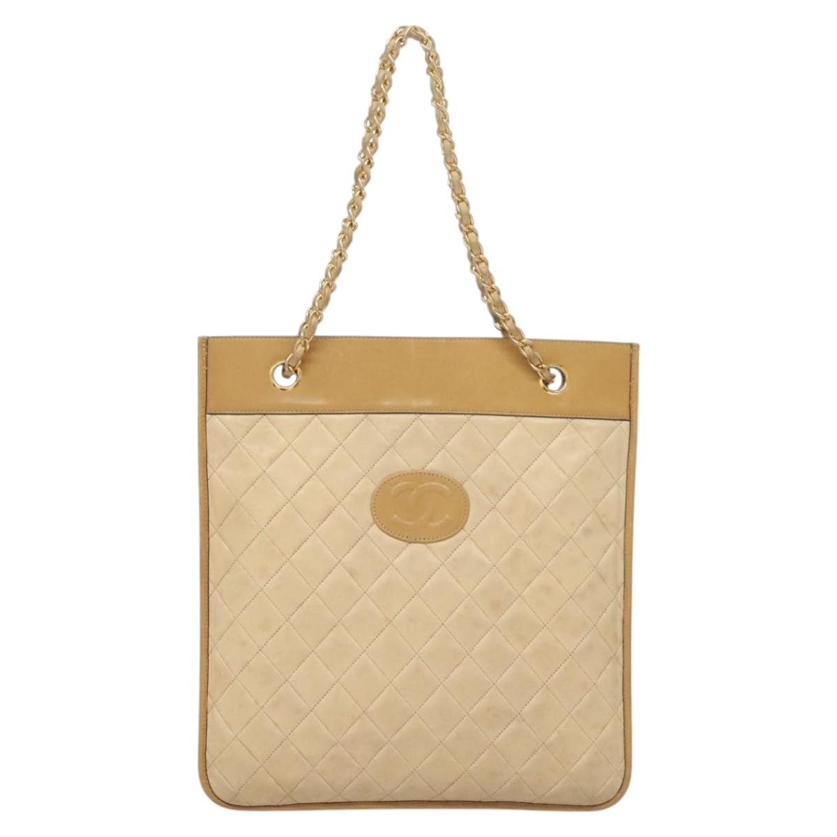 CHANEL Chain Shoulder Bag Lamb Skin Beige Gold CC Auth bs26856