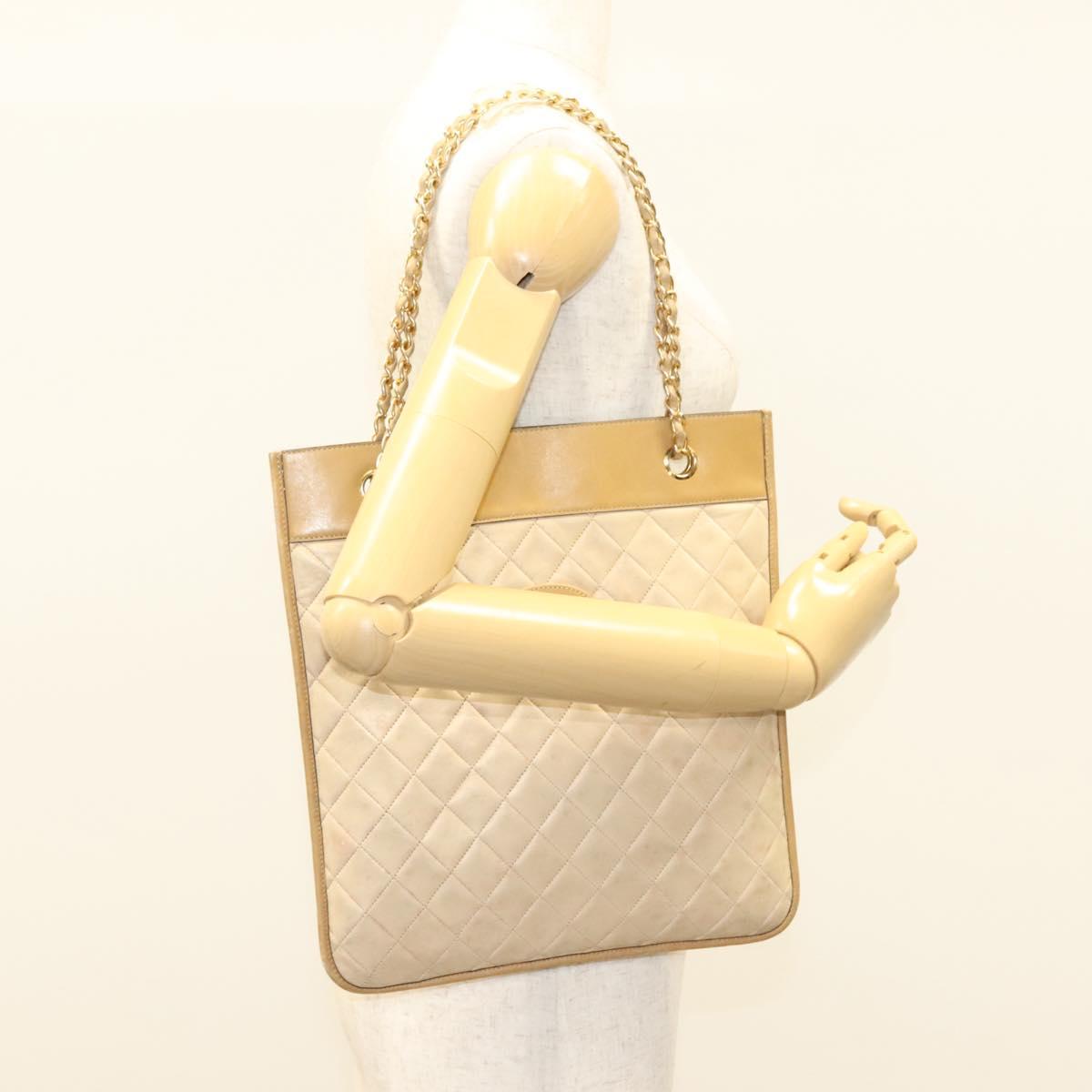 CHANEL Chain Shoulder Bag Lamb Skin Beige Gold CC Auth bs26856