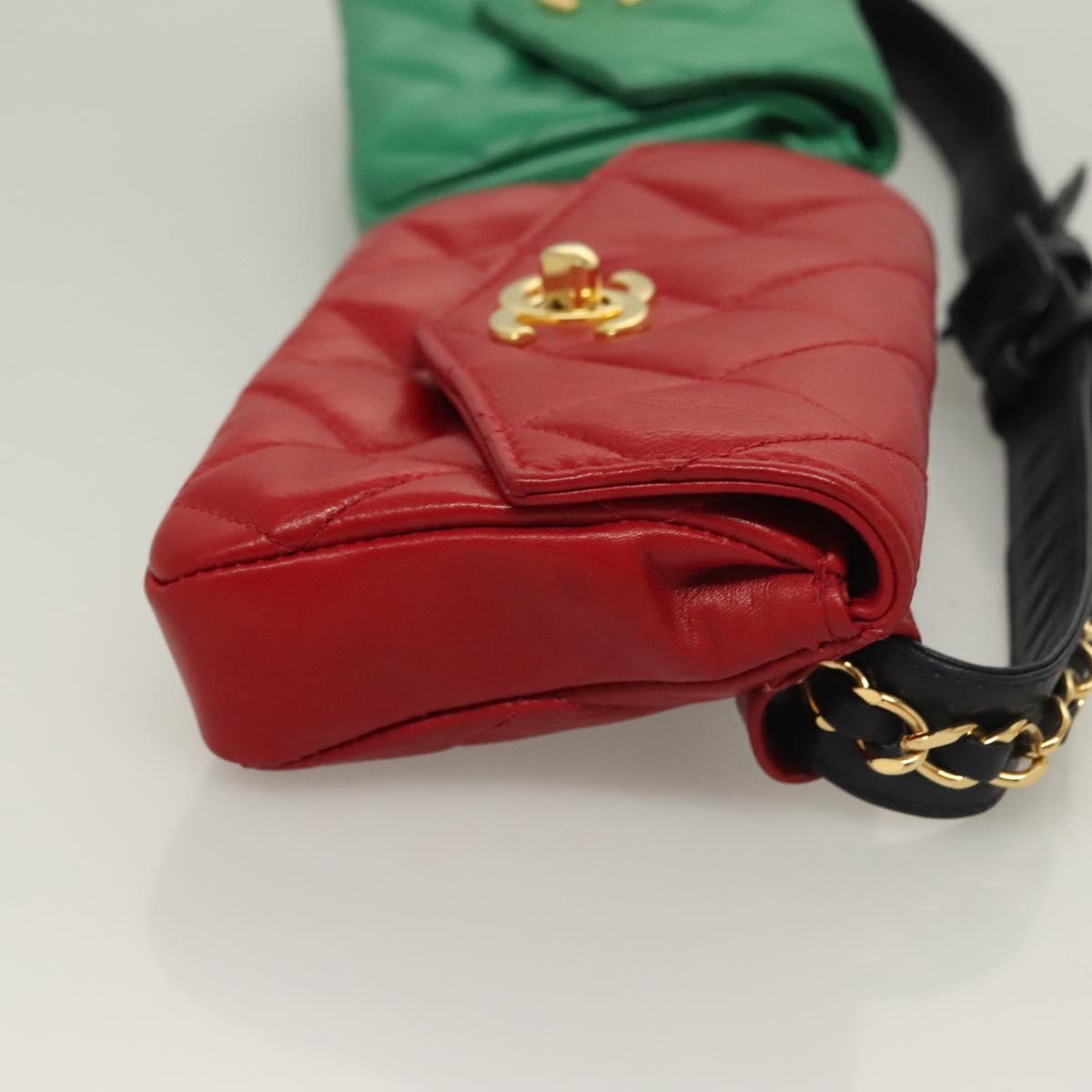 CHANEL Matelasse Waist bag Lamb Skin Red Gold Green CC Auth bs26866