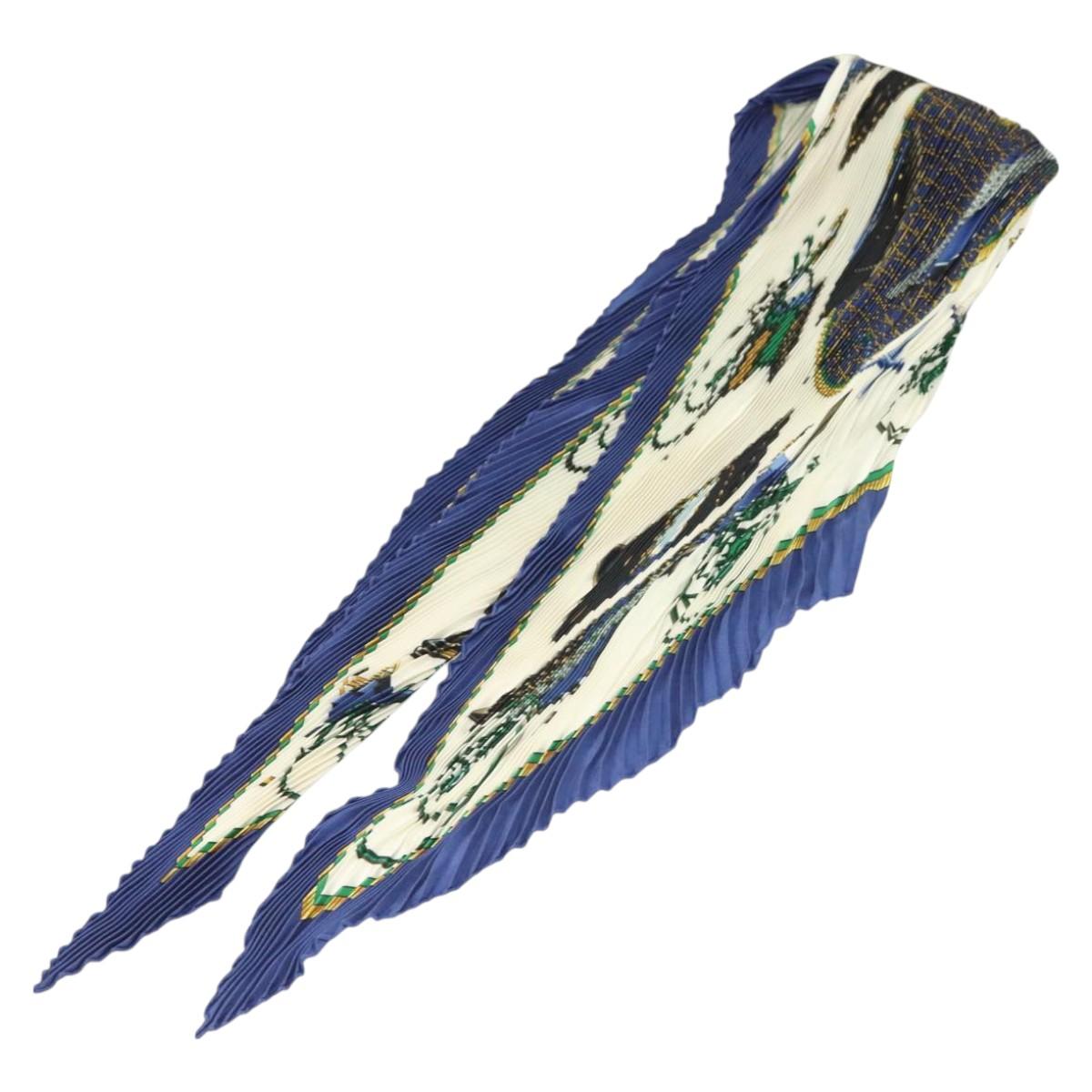 HERMES Pleated Scarf ""LES VOITURES A TRANSFORMATION"" Silk Blue Auth bs26876