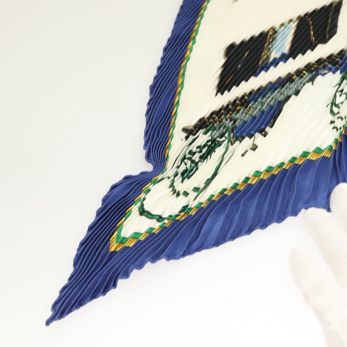 HERMES Pleated Scarf ""LES VOITURES A TRANSFORMATION"" Silk Blue Auth bs26876