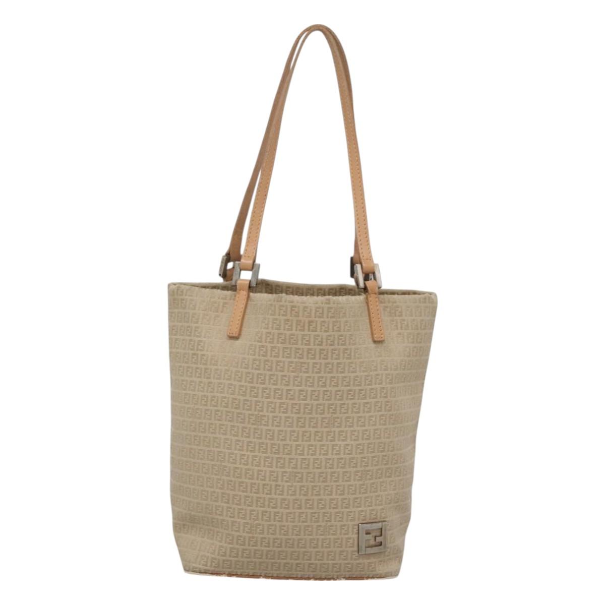 FENDI Zucchino Canvas Hand Bag Nylon Beige Silver Auth bs26890