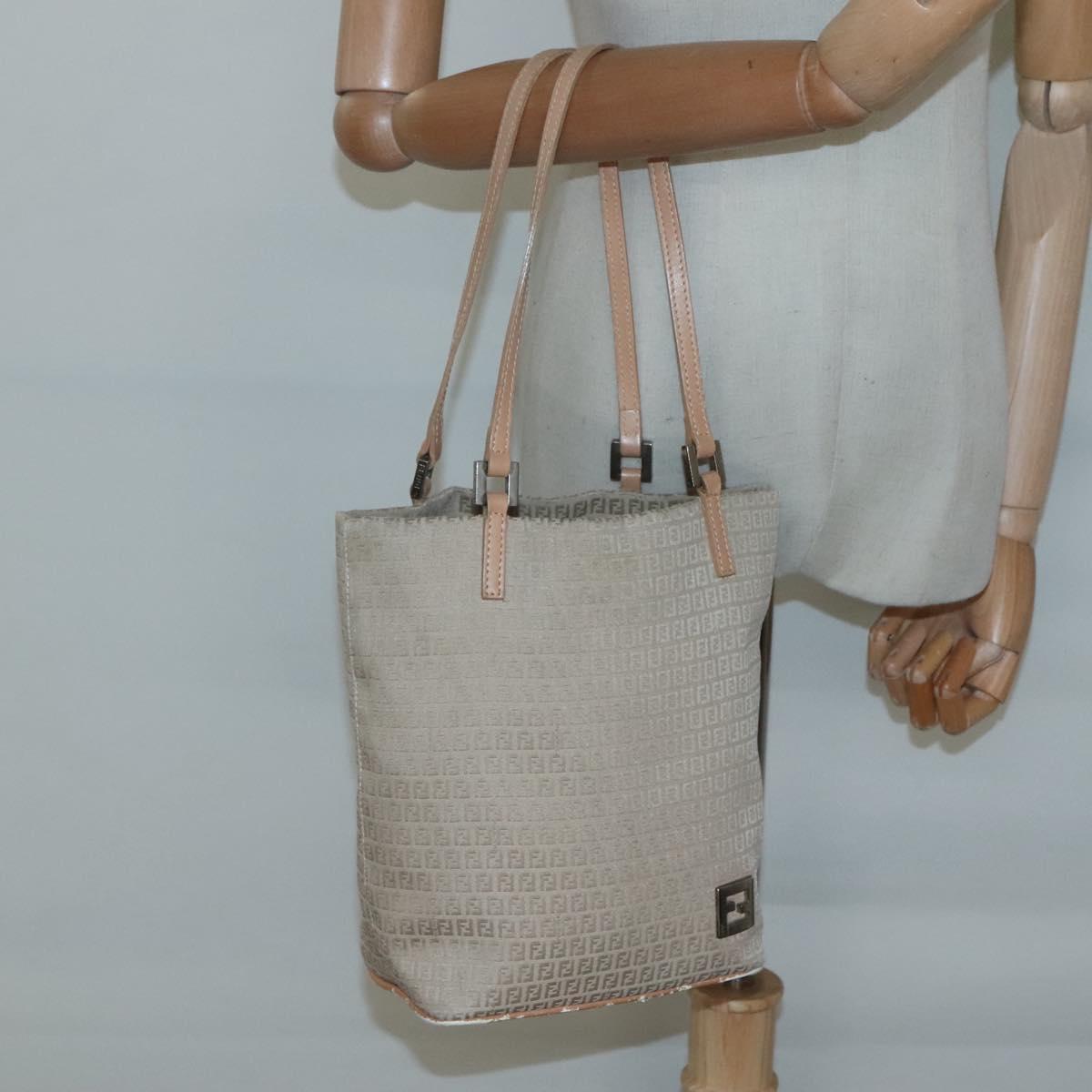 FENDI Zucchino Canvas Hand Bag Nylon Beige Silver Auth bs26890
