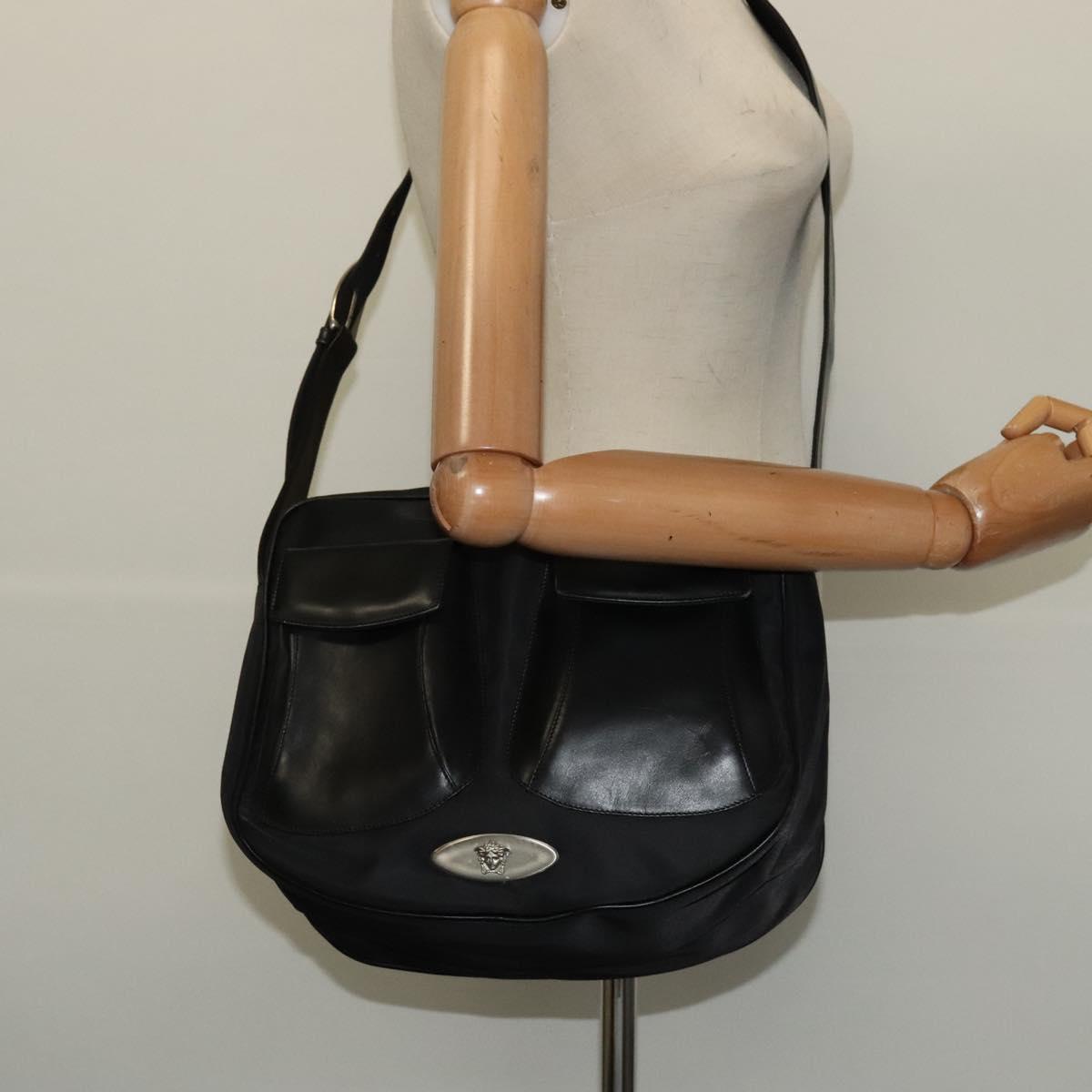 Gianni Versace Shoulder Bag Leather Black Silver Auth bs26903
