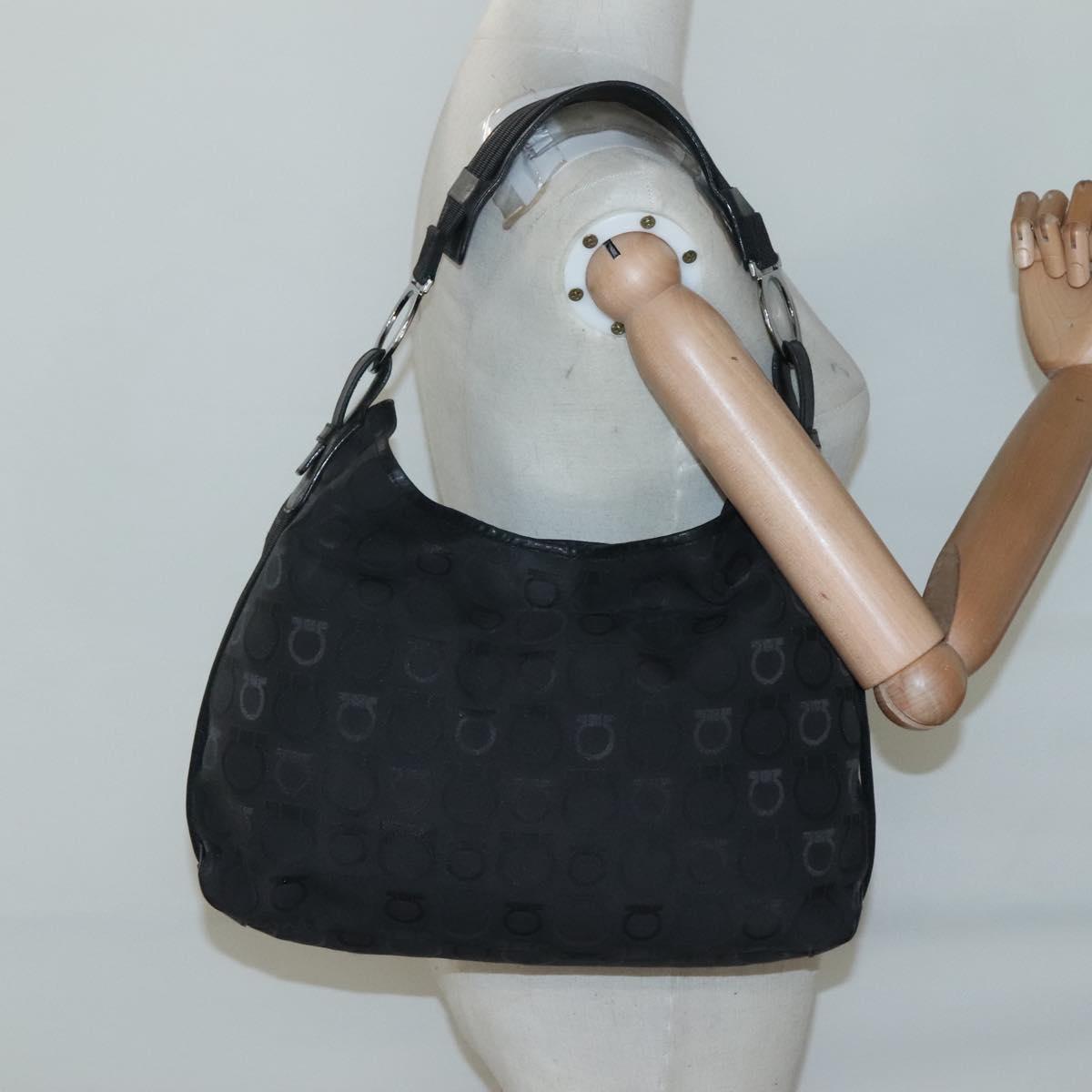Salvatore Ferragamo Gancini Bag Canvas Leather Black Silver Auth bs26905