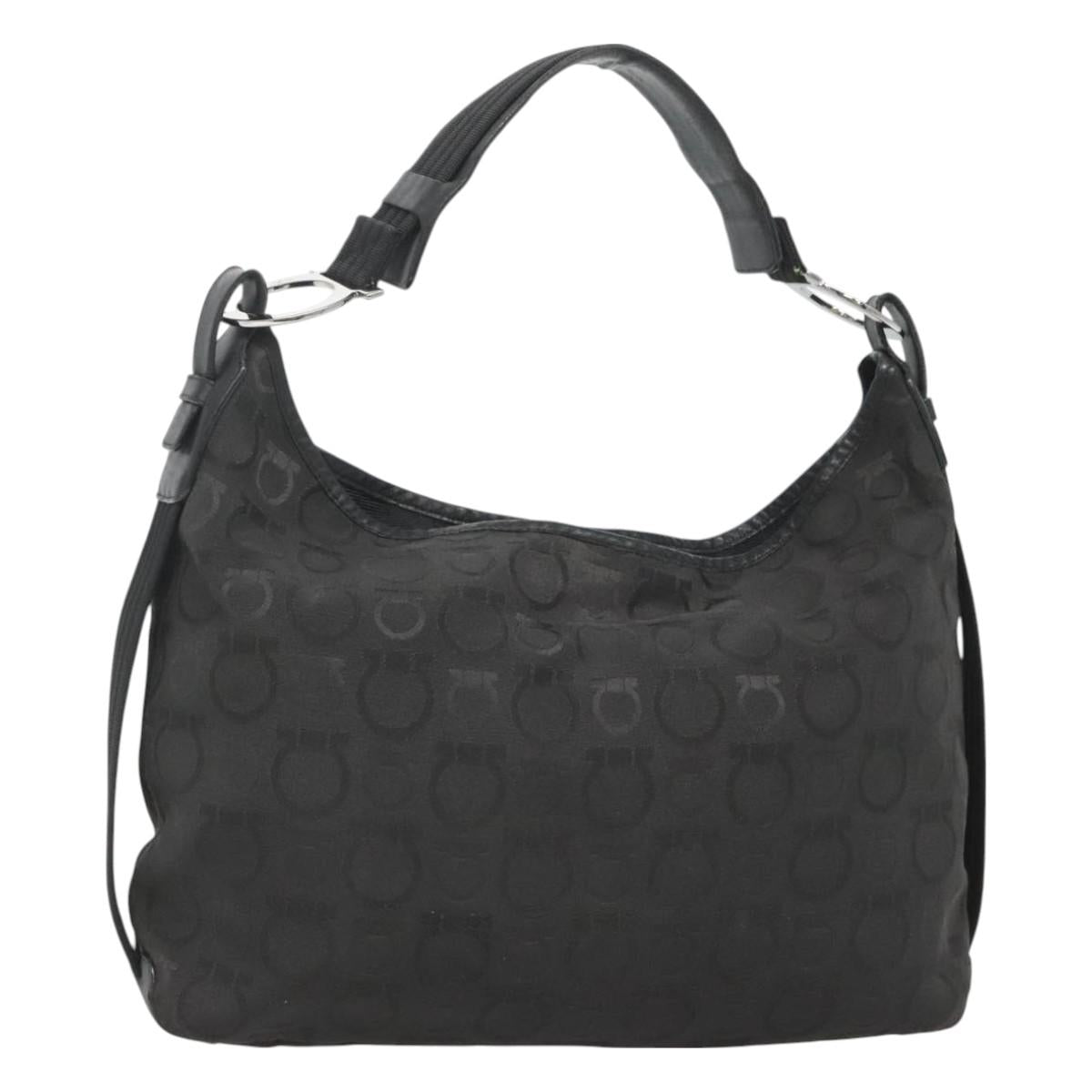 Salvatore Ferragamo Gancini Bag Canvas Leather Black Silver Auth bs26905