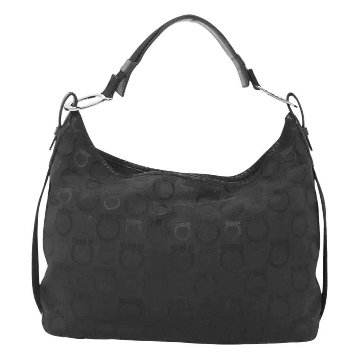 Salvatore Ferragamo Gancini Bag Canvas Leather Black Silver Auth bs26905