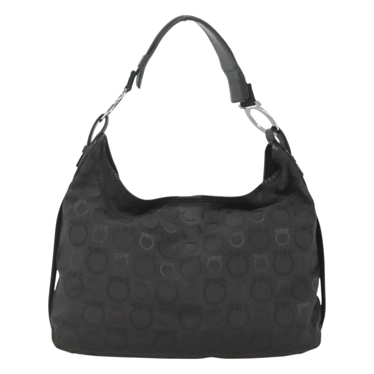 Salvatore Ferragamo Gancini Bag Canvas Leather Black Silver Auth bs26905