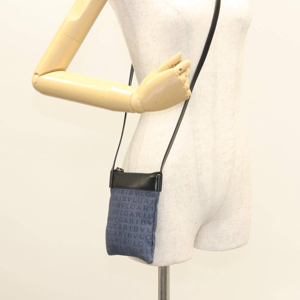 BVLGARI Logo Mania Shoulder Bag Canvas Blue Silver Auth bs26910