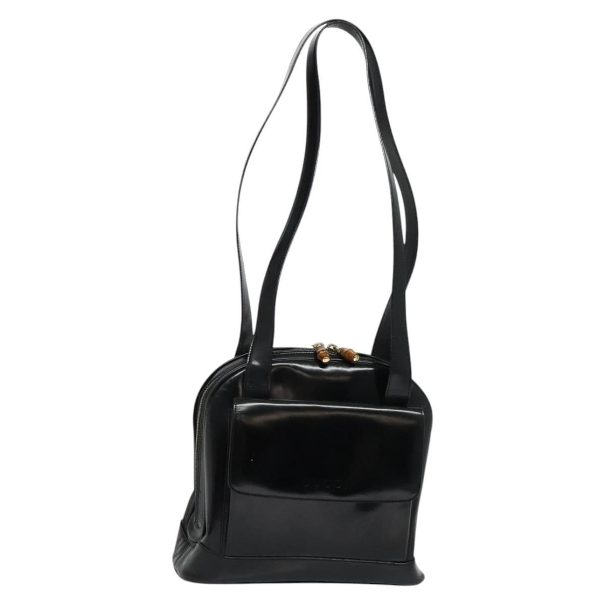 GUCCI Bamboo Shoulder Bag Enamel Black Gold Auth bs26920