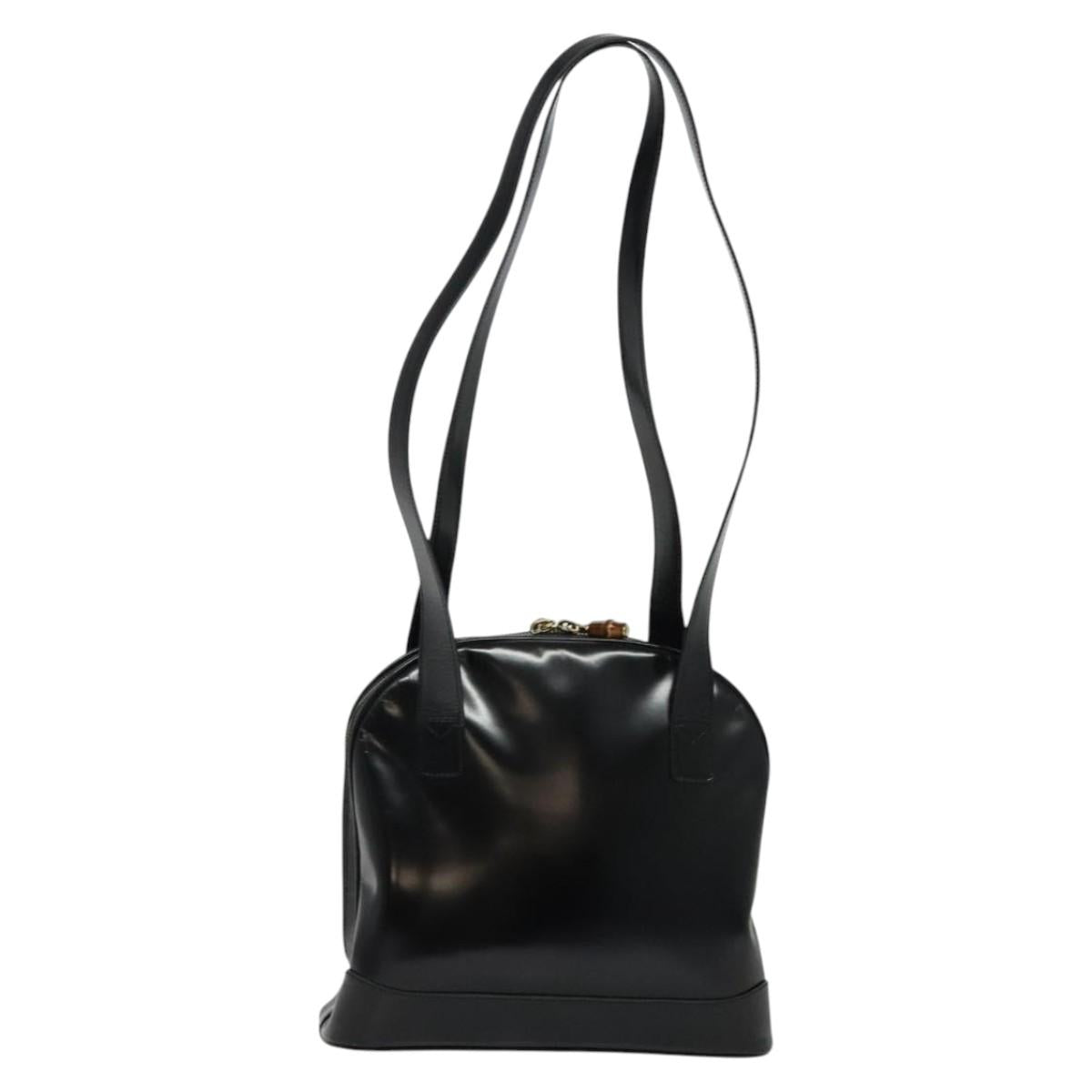 GUCCI Bamboo Shoulder Bag Enamel Black Gold Auth bs26920