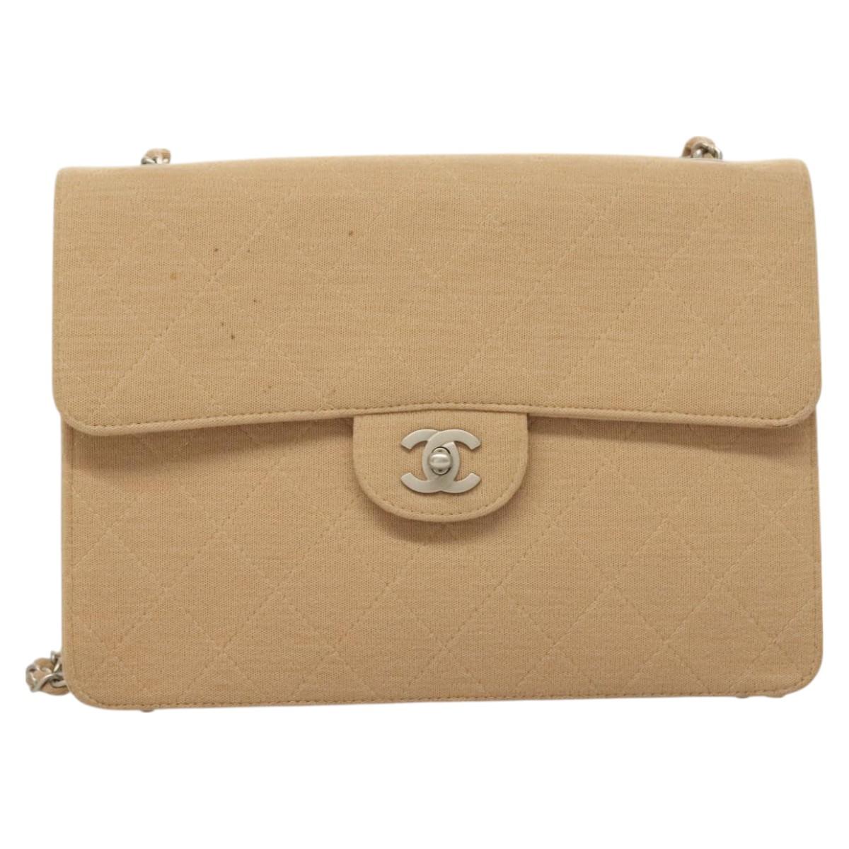 CHANEL Matelasse Chain Shoulder Bag Cotton Beige Silver CC Auth bs26927
