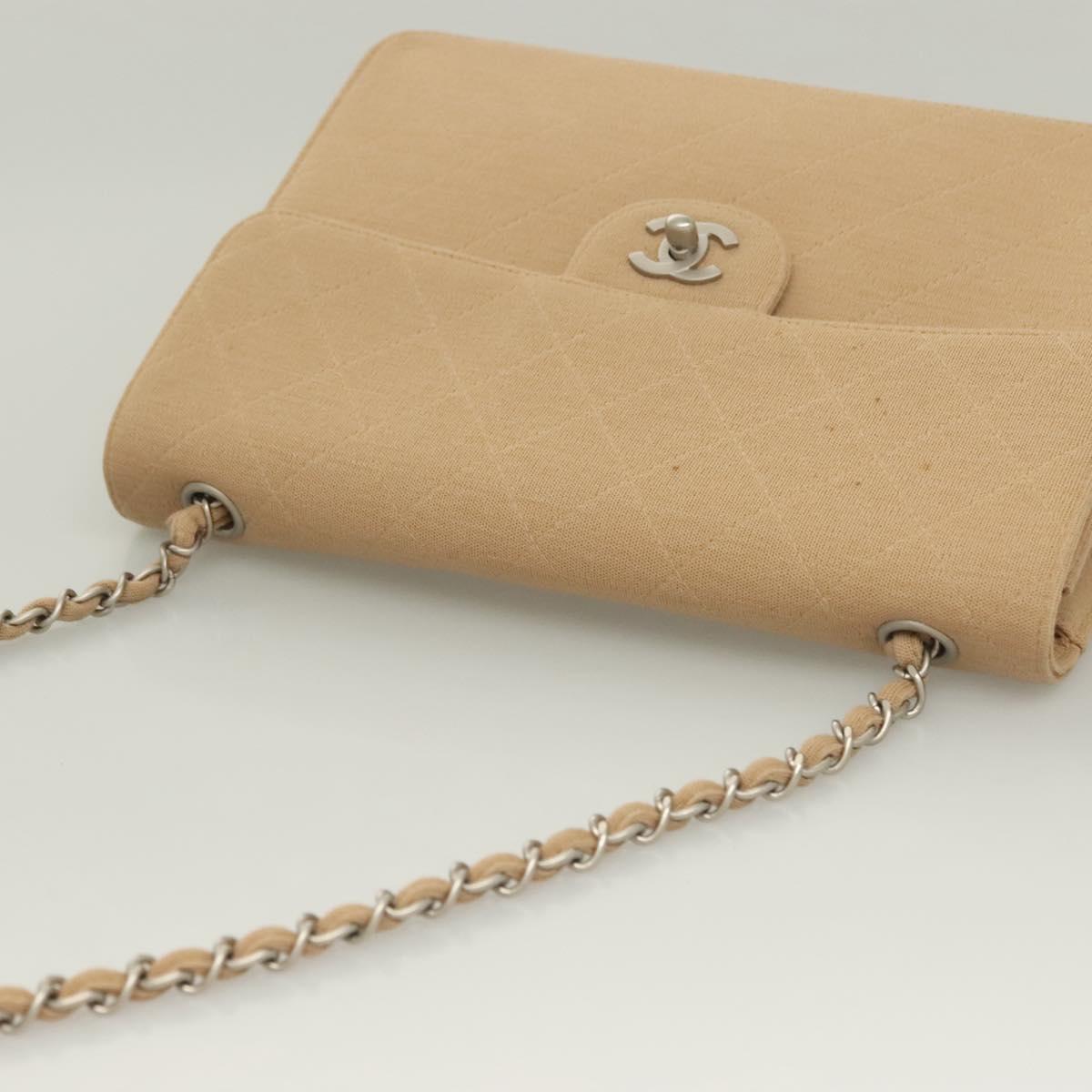 CHANEL Matelasse Chain Shoulder Bag Cotton Beige Silver CC Auth bs26927