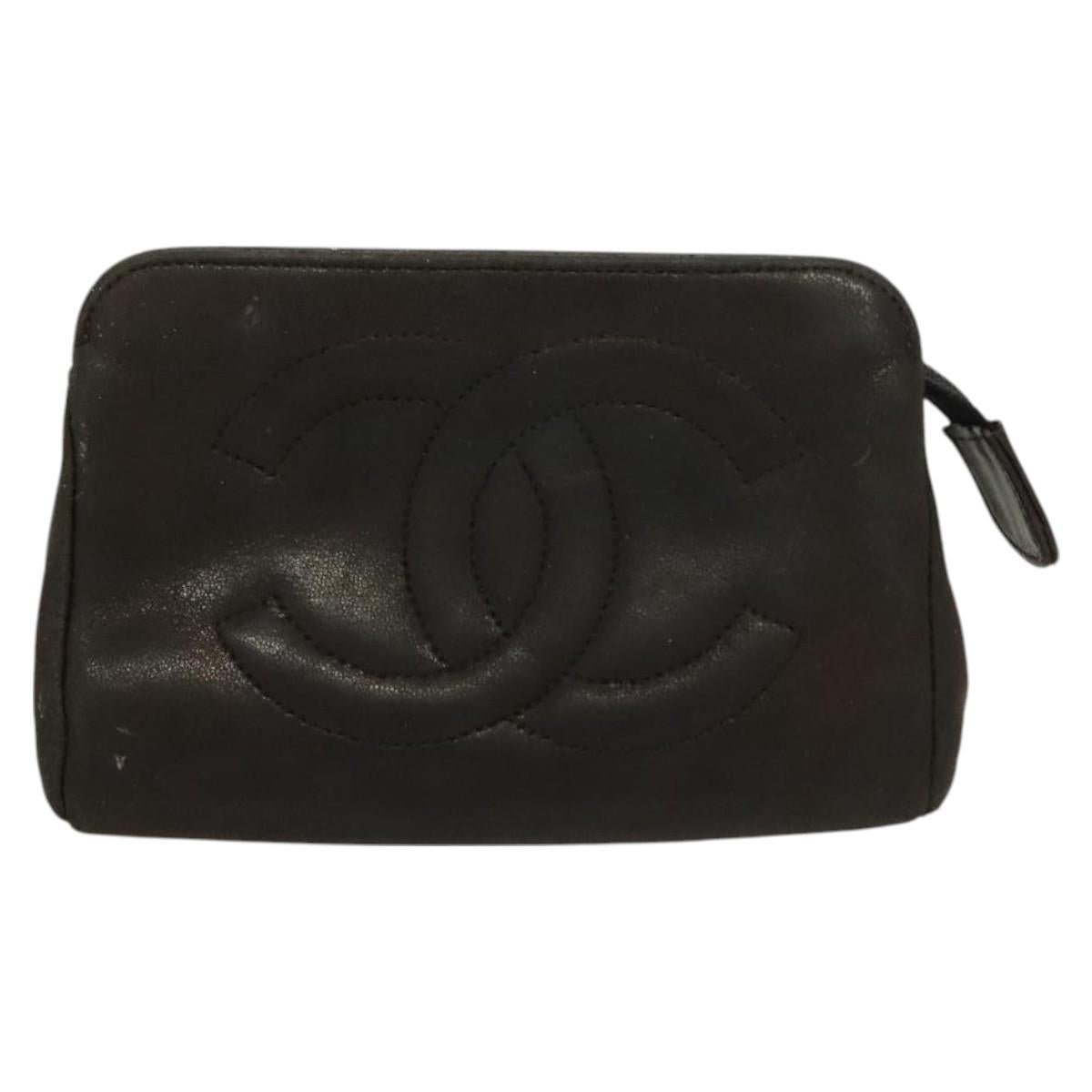 CHANEL Pouch Leather metal 7Set Black Gold CC Auth bs26962