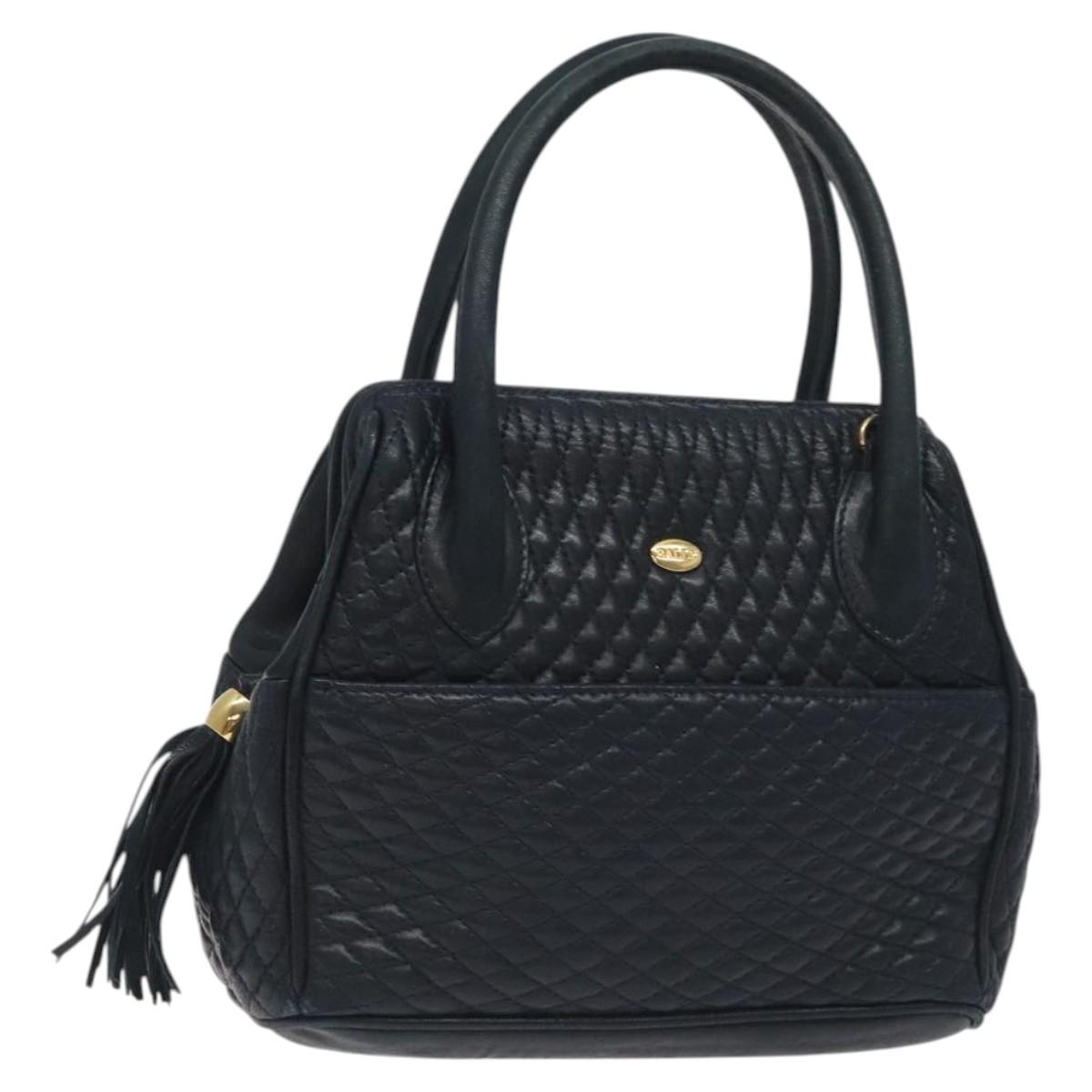 BALLY Hand Bag Leather Navy Gold Auth bs26990