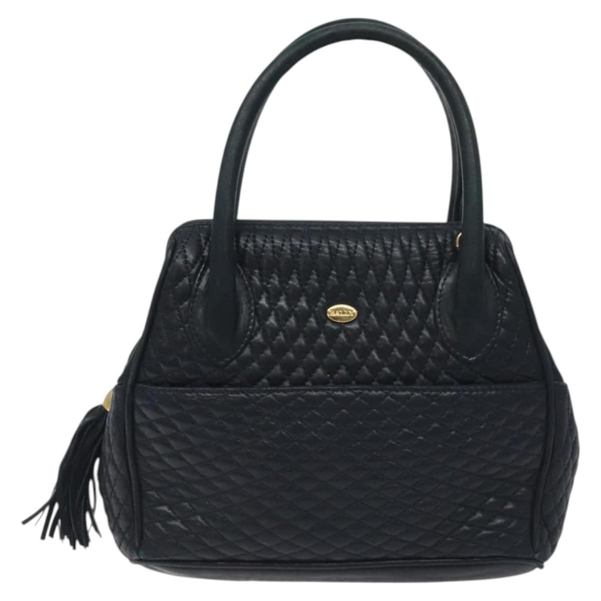 BALLY Hand Bag Leather Navy Gold Auth bs26990