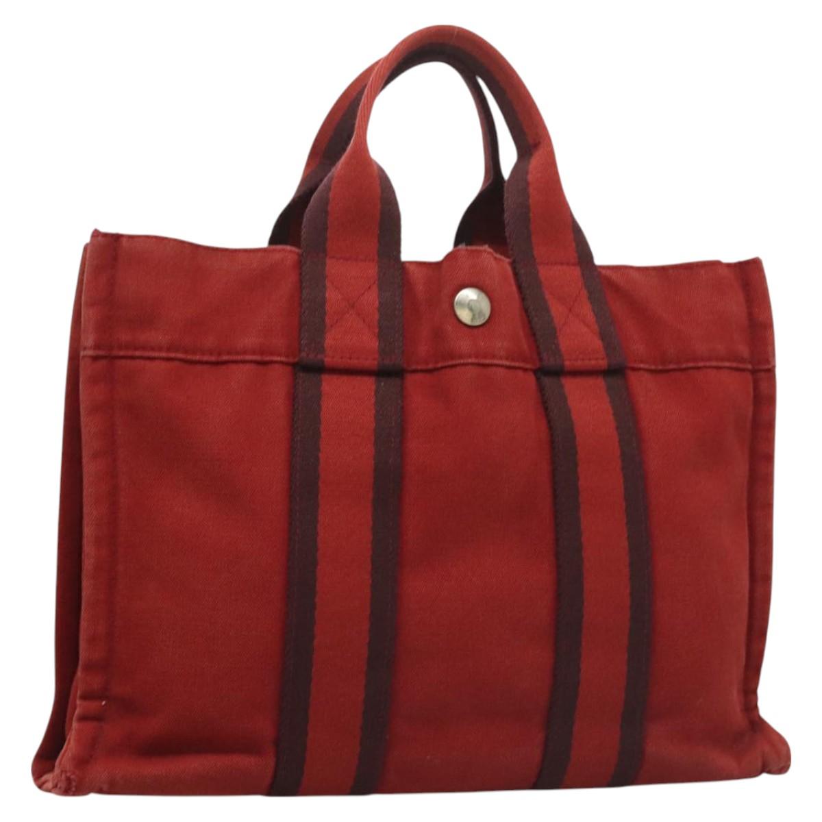 HERMES Fourre Tout PM Hand Bag Canvas Red Navy Auth bs27030
