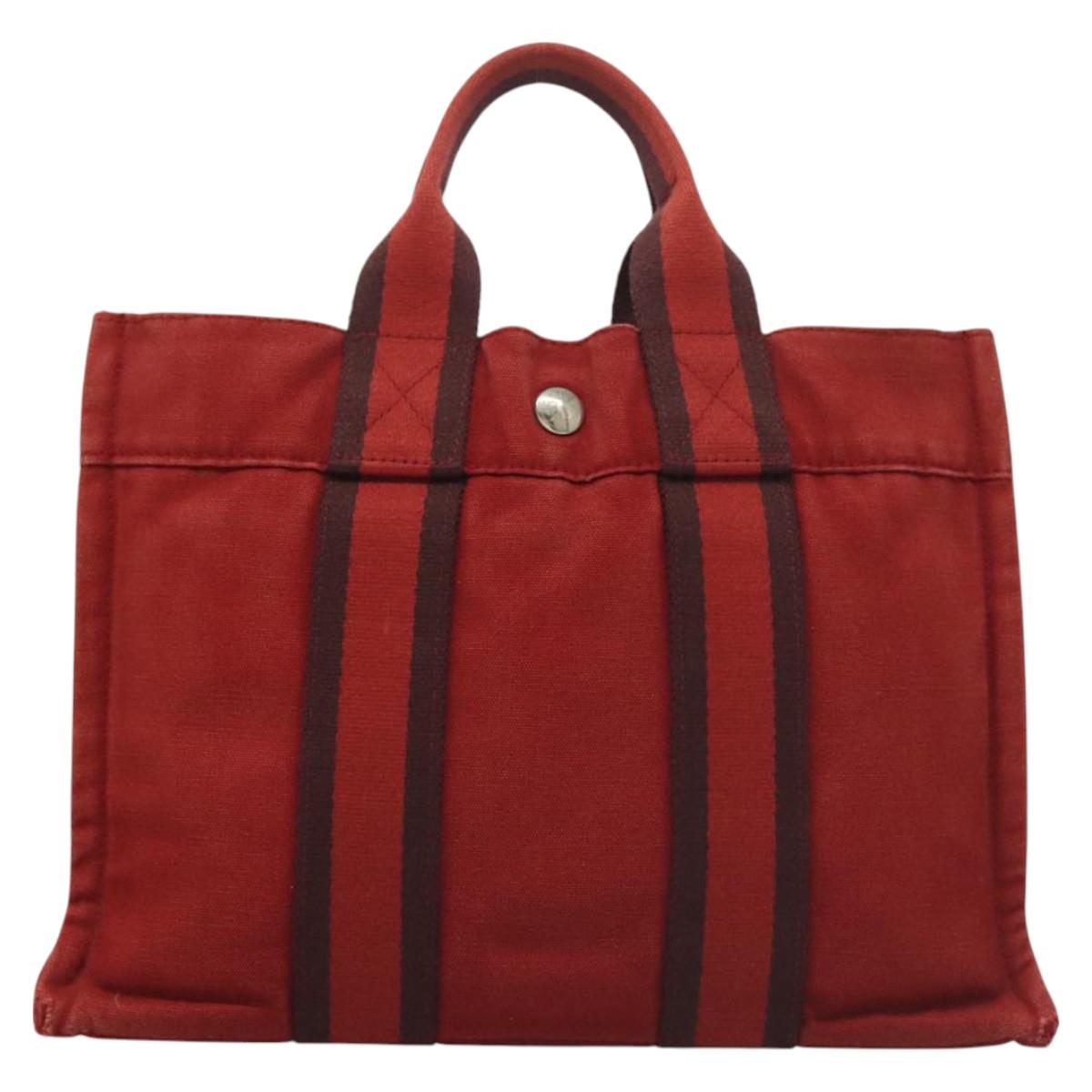 HERMES Fourre Tout PM Hand Bag Canvas Red Navy Auth bs27030