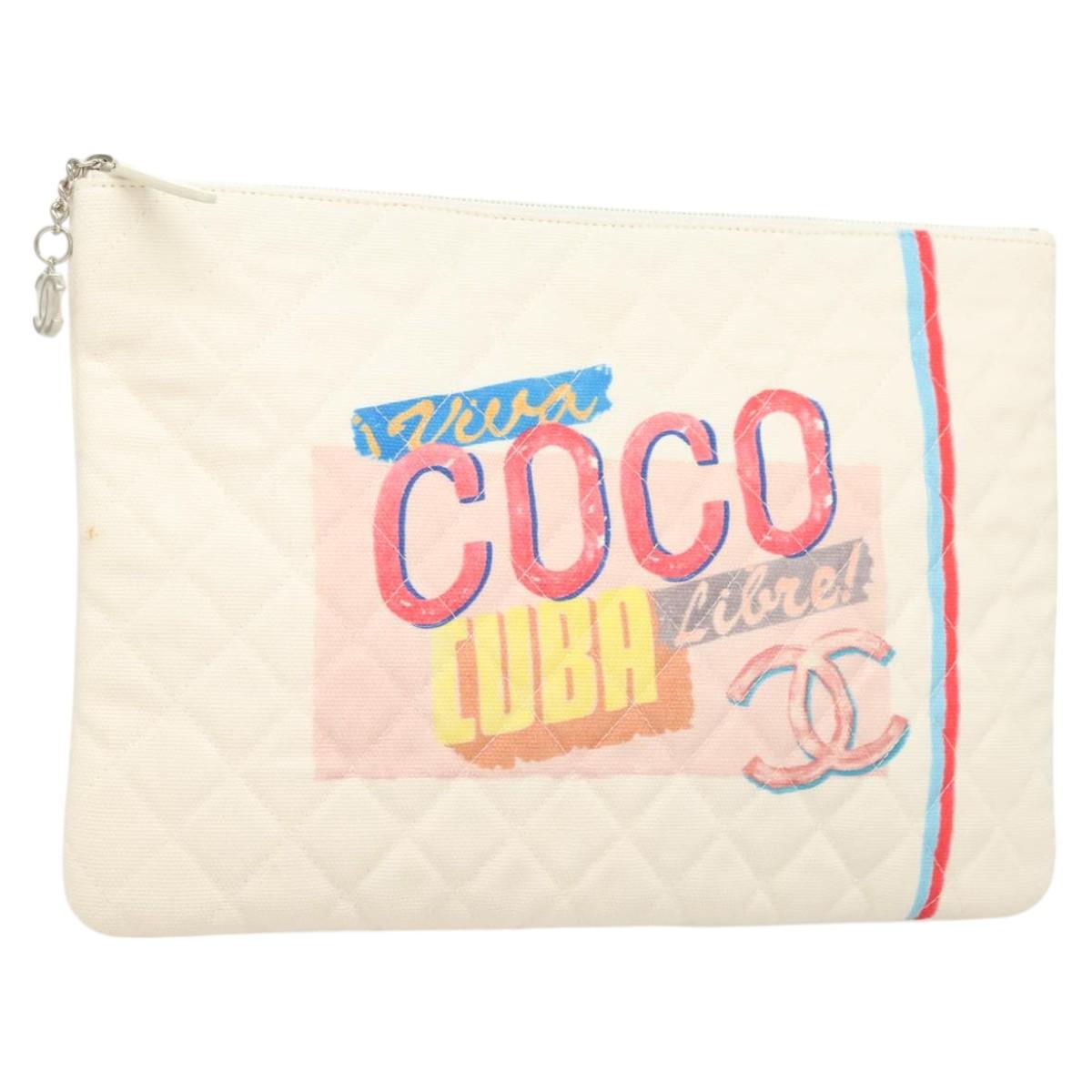 CHANEL Matelasse Clutch Bag Canvas White Silver CC Auth bs27077V