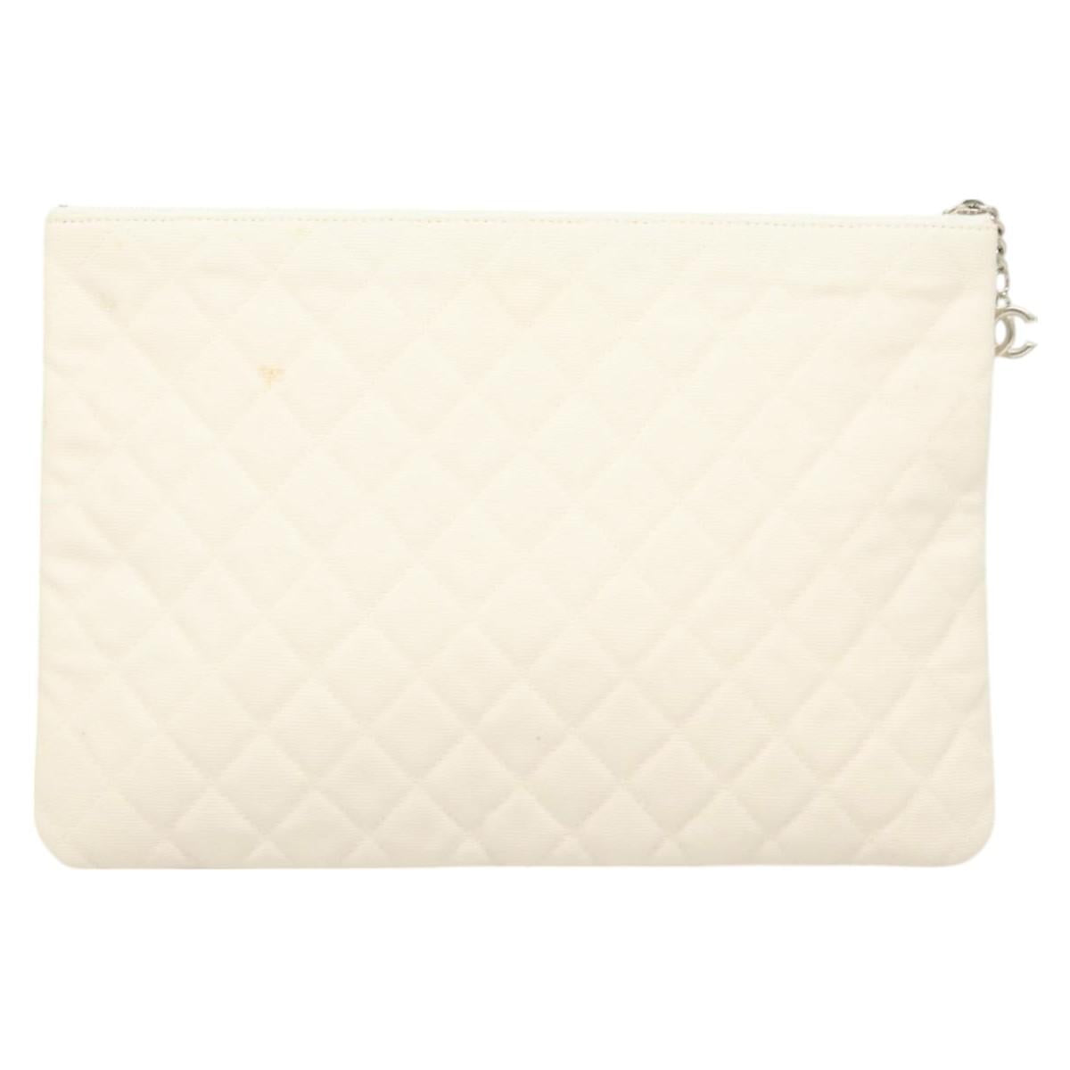 CHANEL Matelasse Clutch Bag Canvas White Silver CC Auth bs27077V