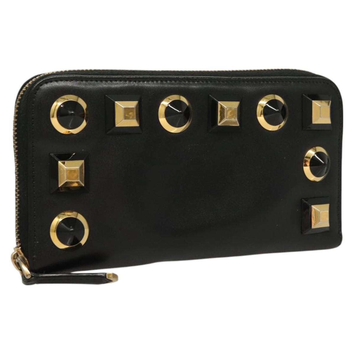 FENDI Long Wallet Leather Black Gold Auth bs27079
