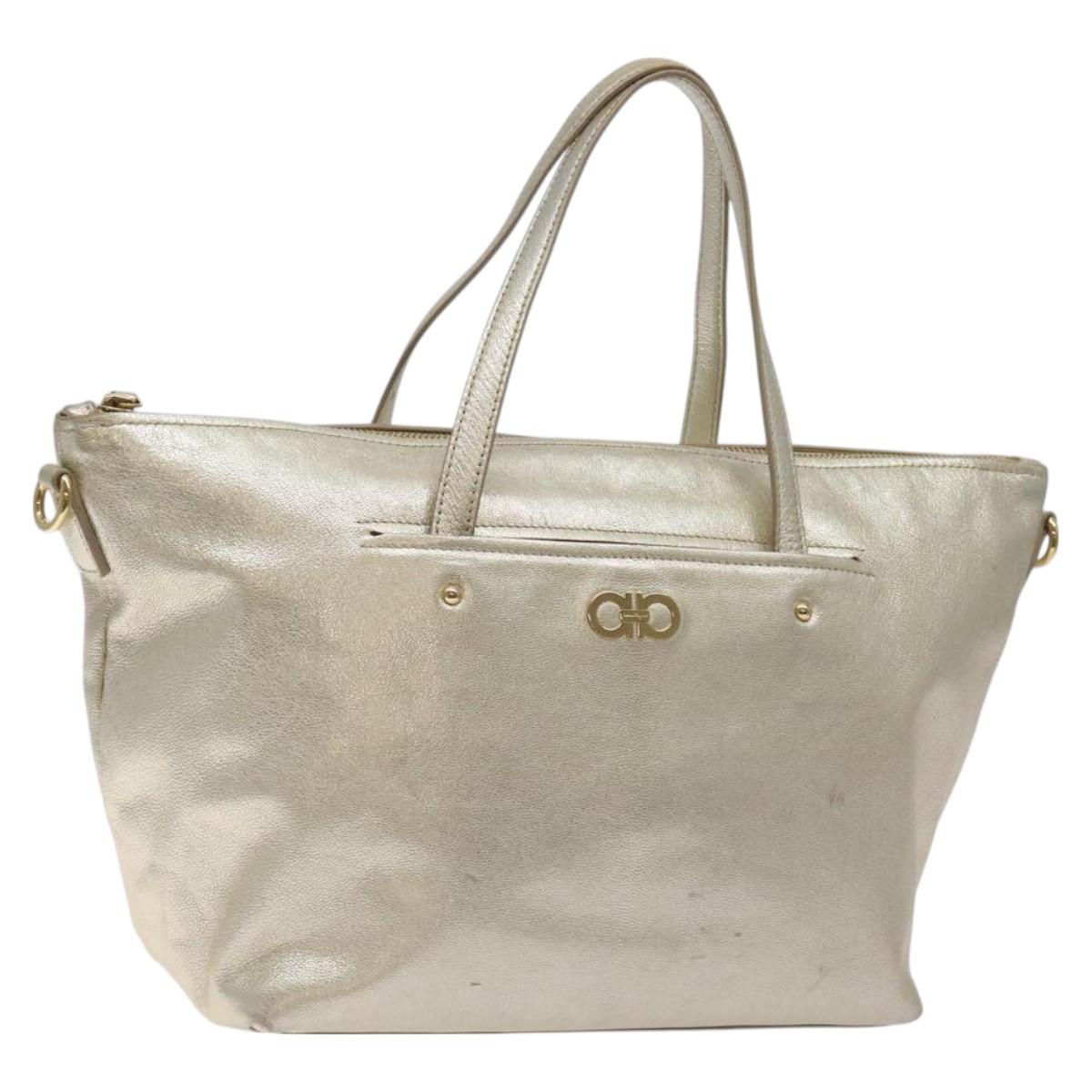 Salvatore Ferragamo Hand Bag Leather Champagne Gold Gold Auth bs27089
