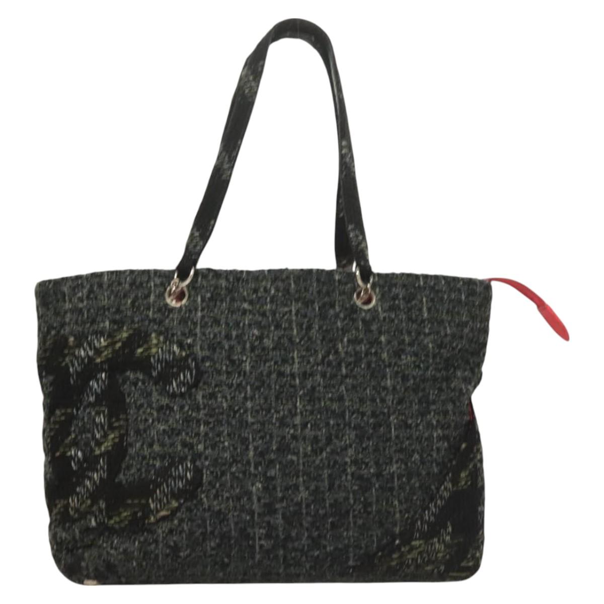 CHANEL Tote Bag Tweed Black Silver CC Auth bs27090