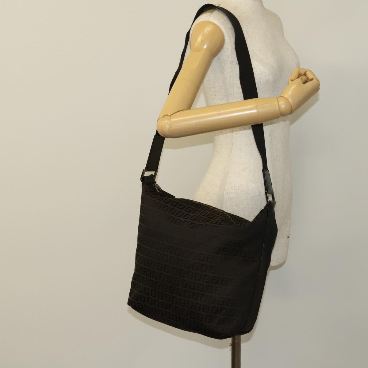 FENDI Zucchino Canvas Shoulder Bag Black Brown Auth bs27098