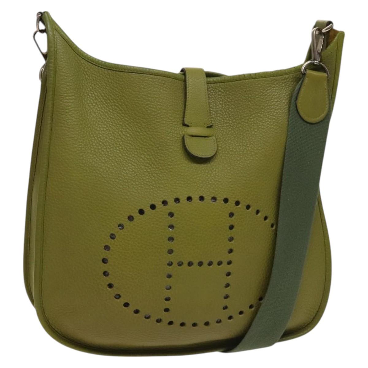 HERMES Evelyn 2 PM Bag Taurillon Clemence Leather Green Silver Auth bs27099