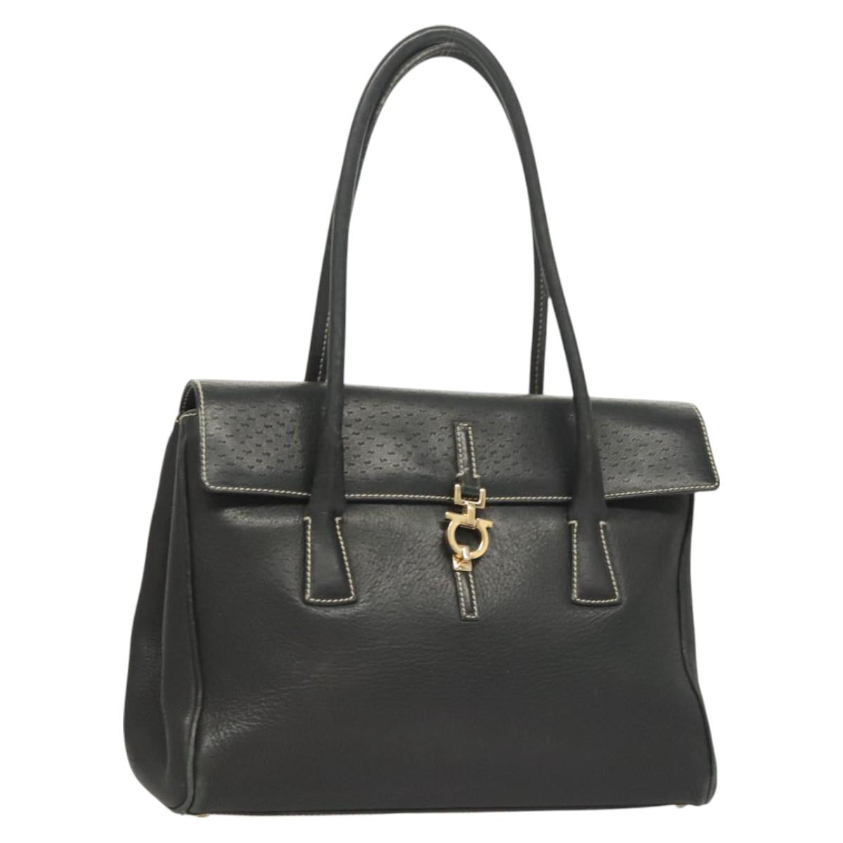 Salvatore Ferragamo Gancini Tote Bag Leather Black Gold Auth bs27164