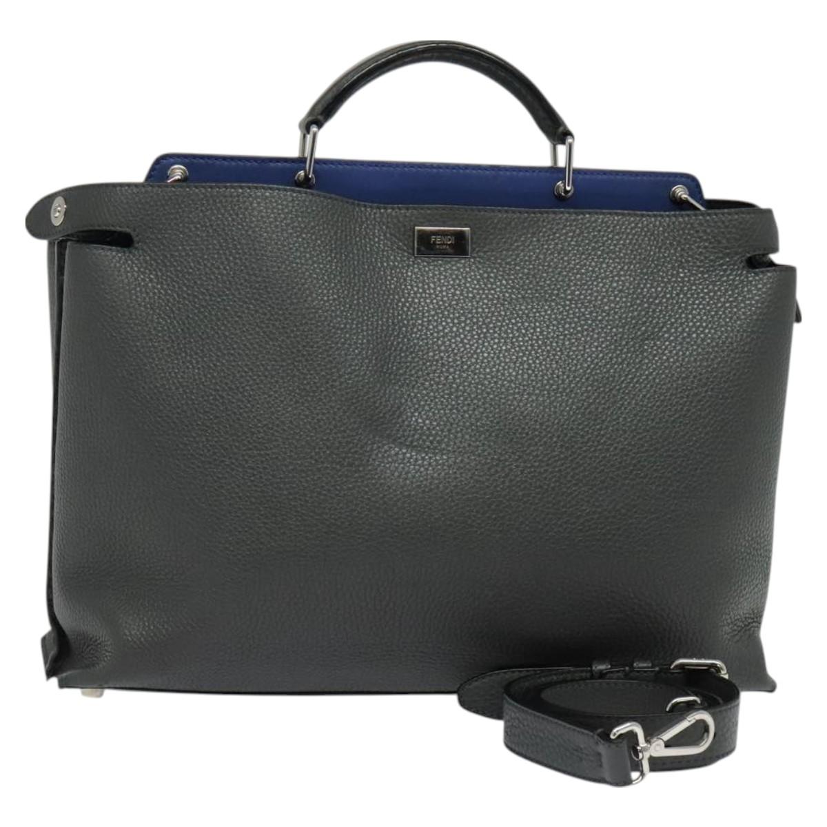FENDI Peek A Boo Essentially Iconic Bag Leather 2way Gray Silver Auth bs27179