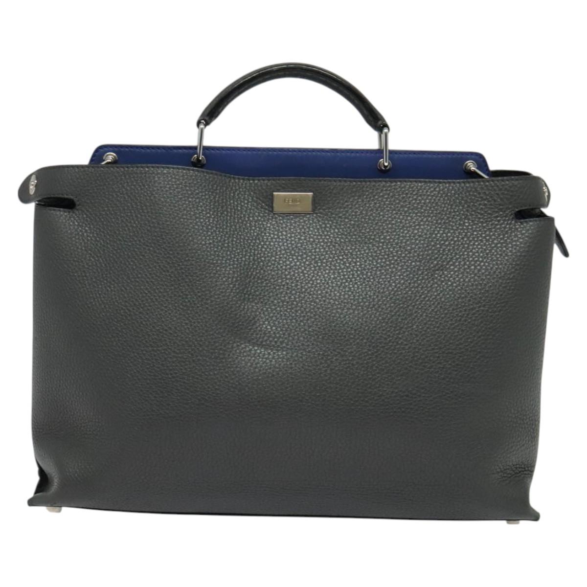 FENDI Peek A Boo Essentially Iconic Bag Leather 2way Gray Silver Auth bs27179