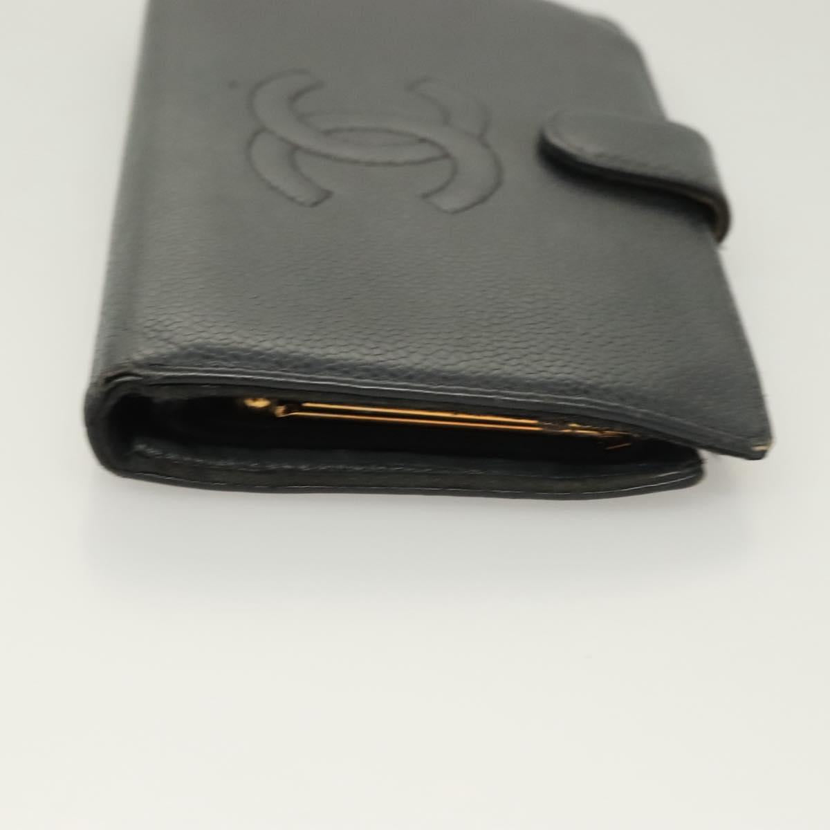 CHANEL Long Wallet Caviar Skin Black Gold CC Auth bs27231