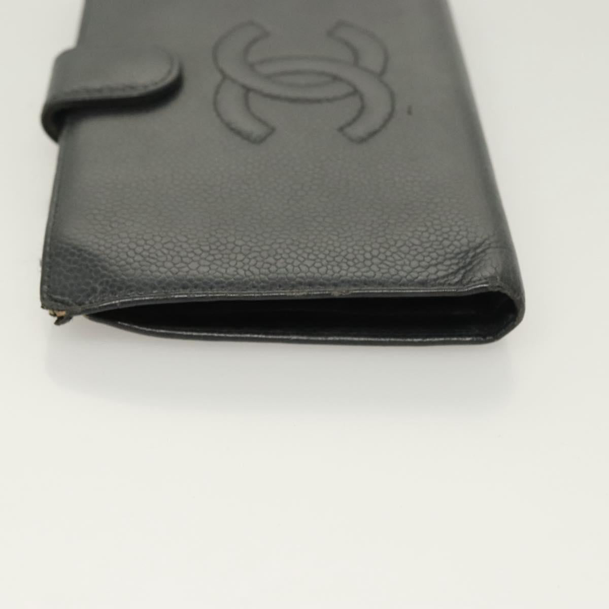 CHANEL Long Wallet Caviar Skin Black Gold CC Auth bs27231
